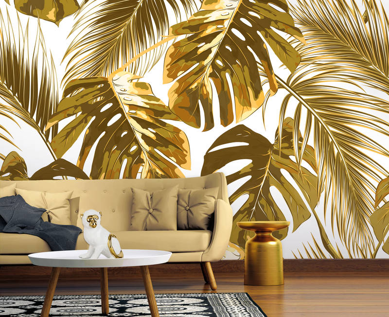             Palm Leaves Art Style Onderlaag behang - Geel, Wit
        