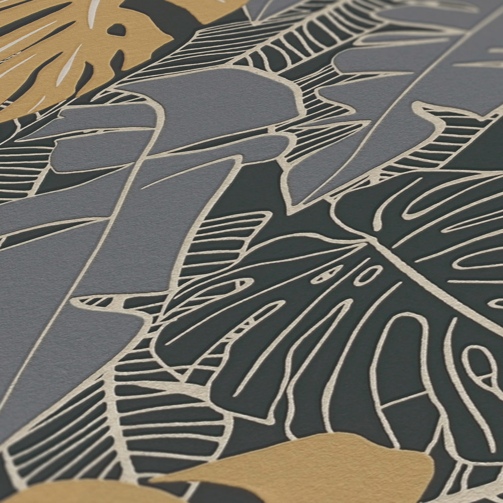             Papier peint jungle avec feuilles de bananier & aspect métallique - noir, or, gris
        