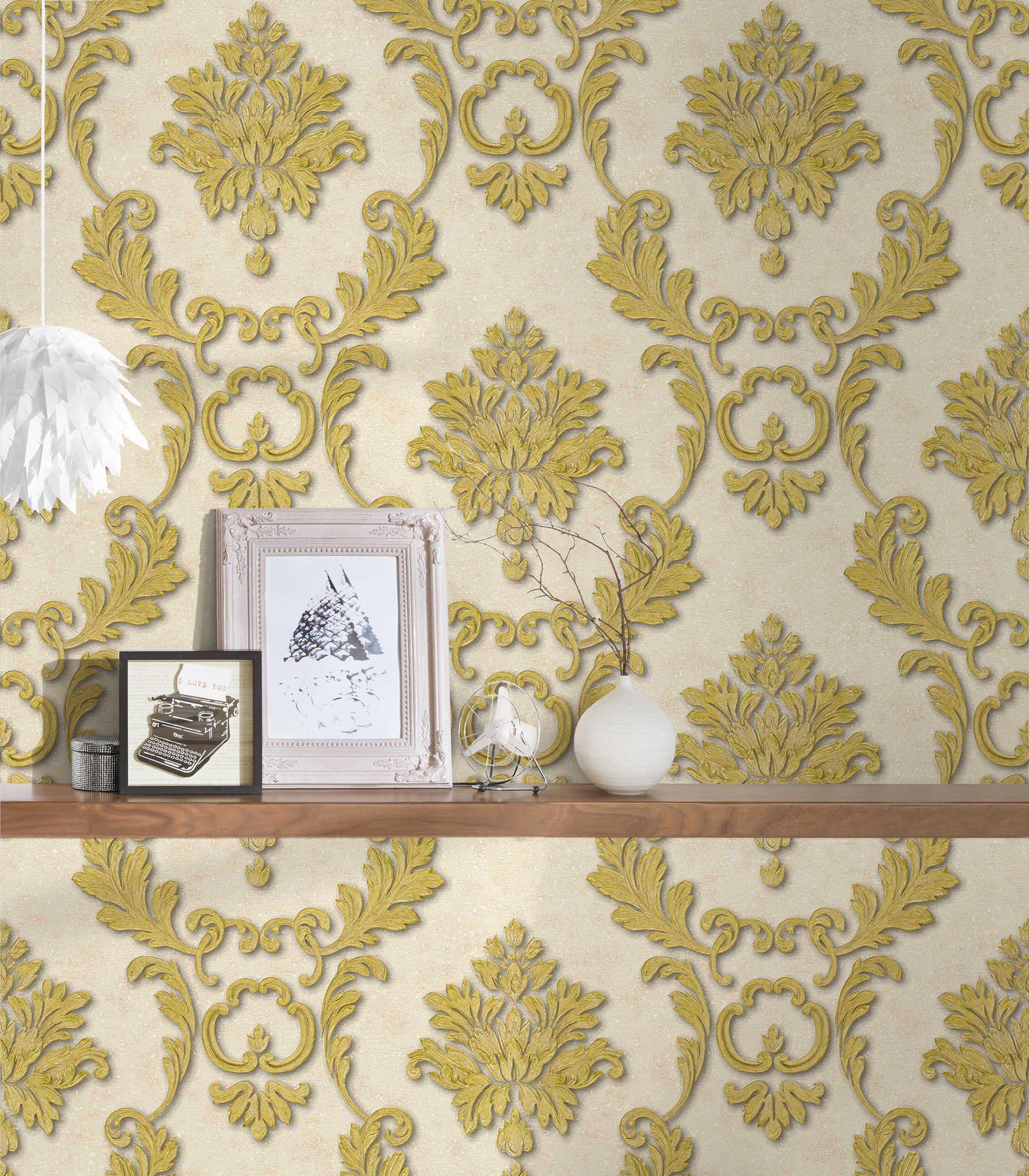             Designer wallpaper floral ornaments & metallic effect - cream, gold
        