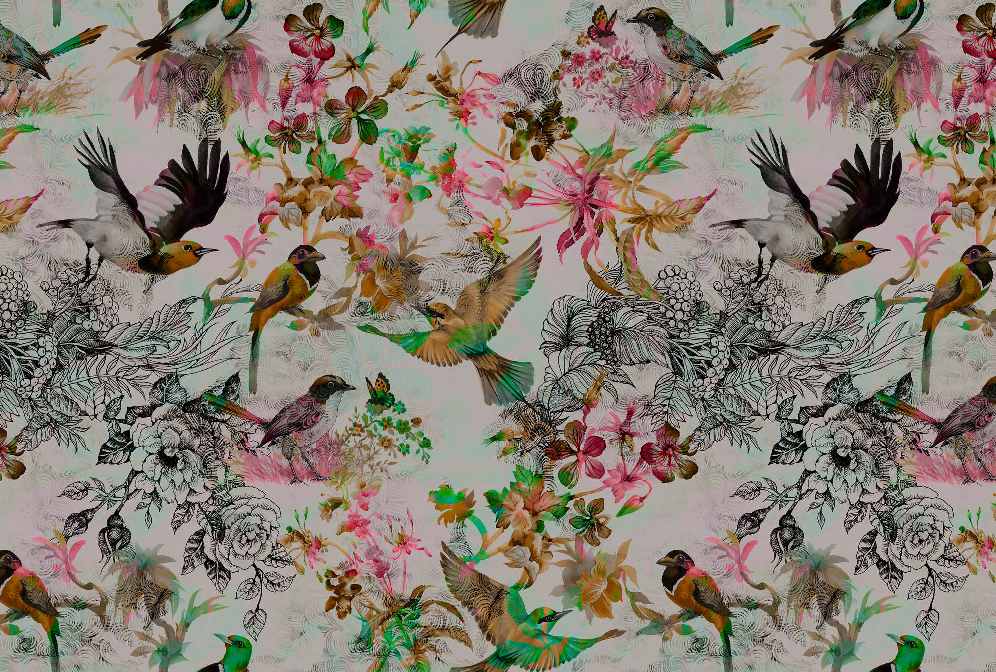             Papel pintado Collage de pájaros y flores - Gris, Rosa
        