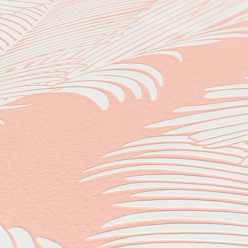             Papel pintado rosa con estampado de hojas de palmera y estructura en relieve - rosa, blanco
        