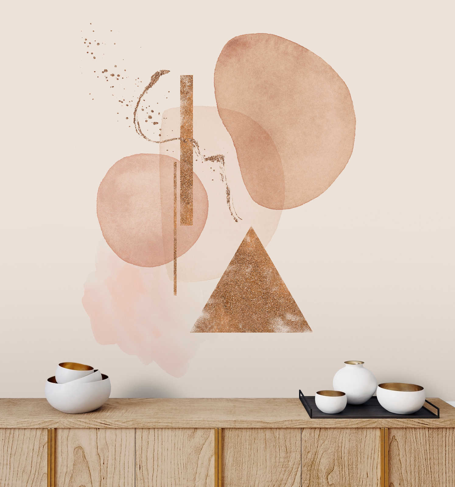             Gold Mine 2 - Beige wall mural with gold watercolour & abstract shapes
        