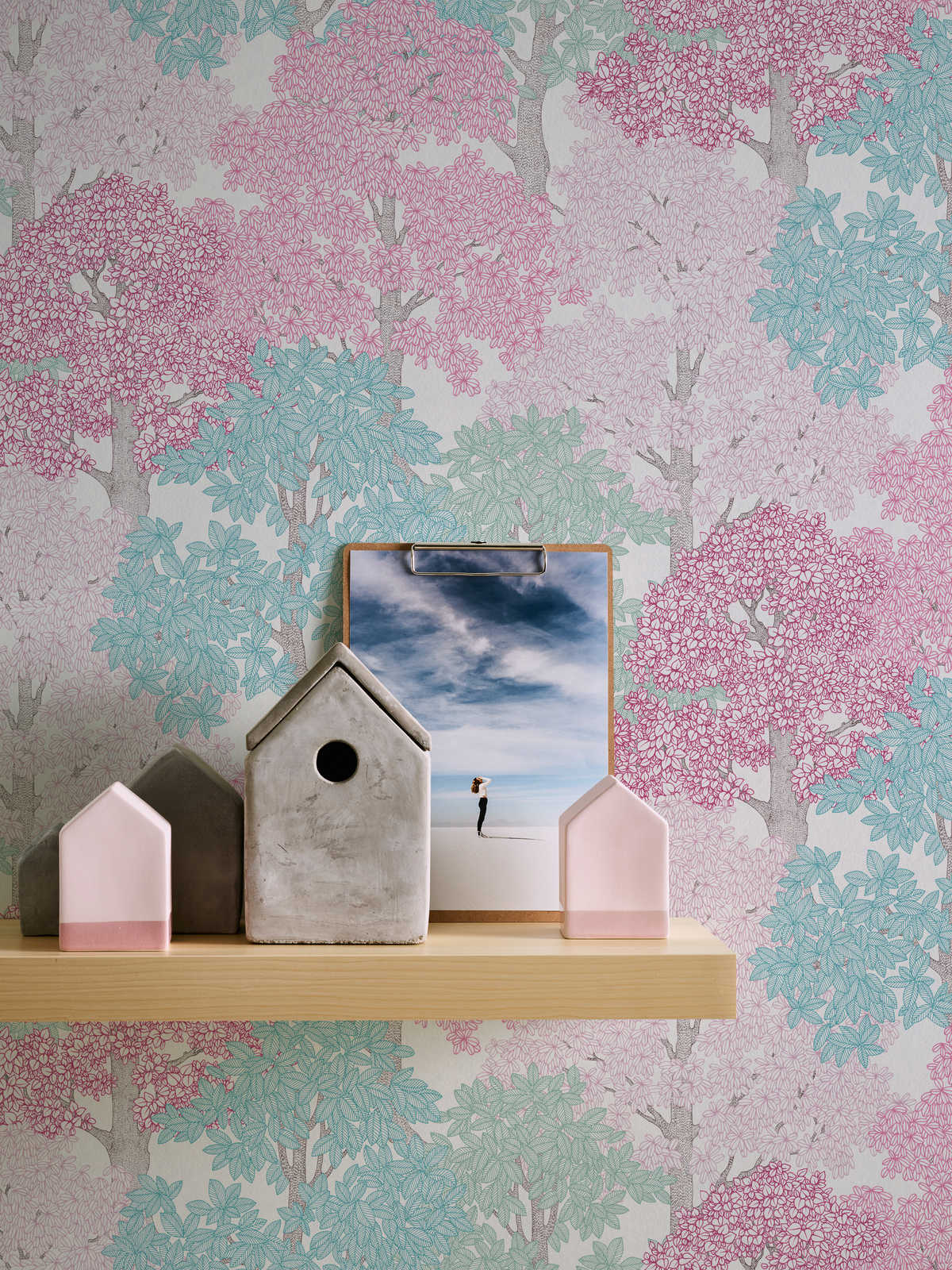             Wallpaper forest design in drawing style with treetops - pink, blue, white
        