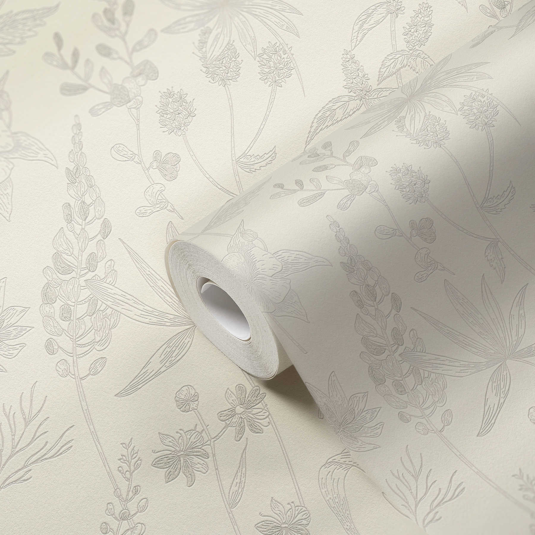             Non-woven wallpaper with floral pattern and metallic accent - beige, silver, white
        