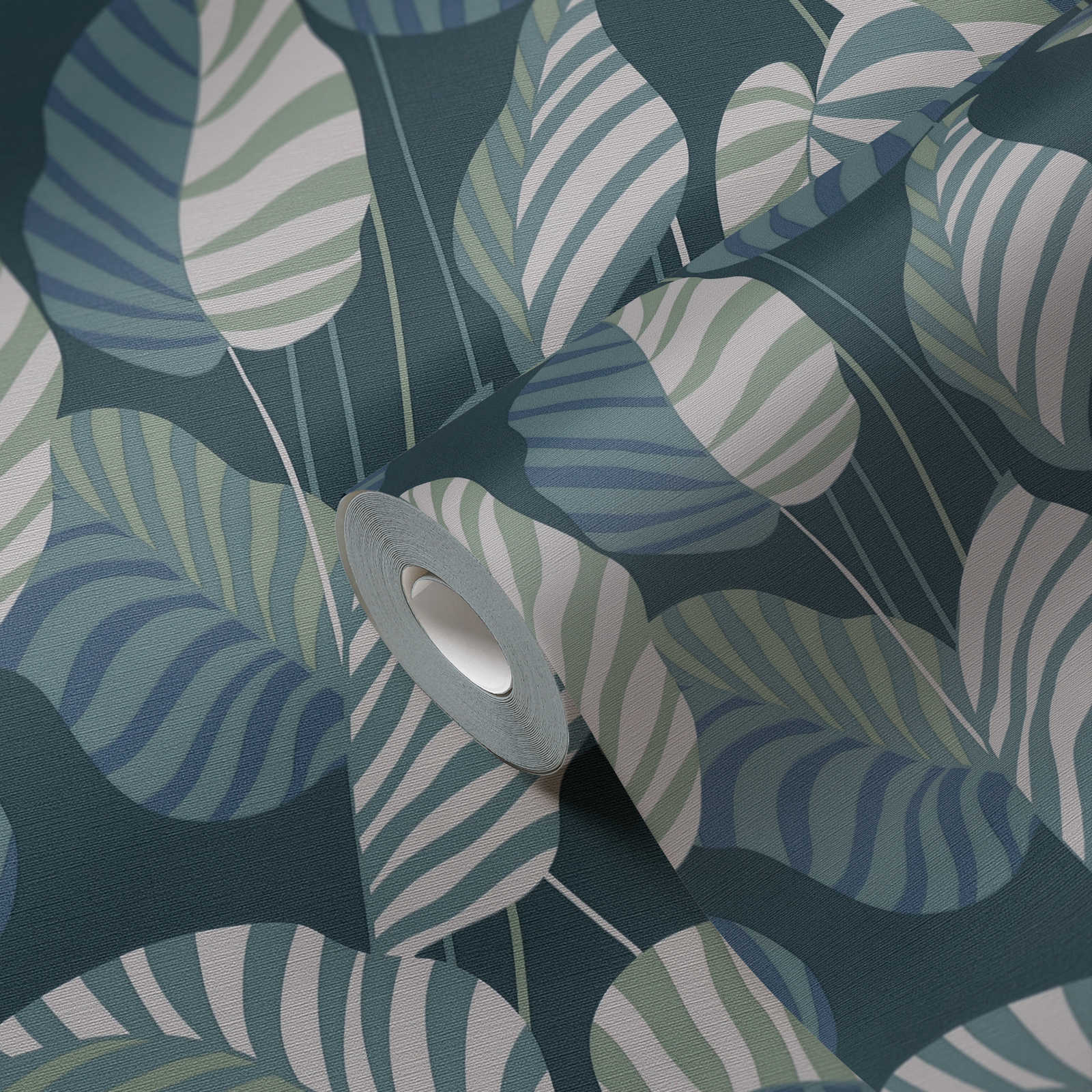             Papier peint intissé style jungle avec des feuilles - bleu, vert, blanc
        