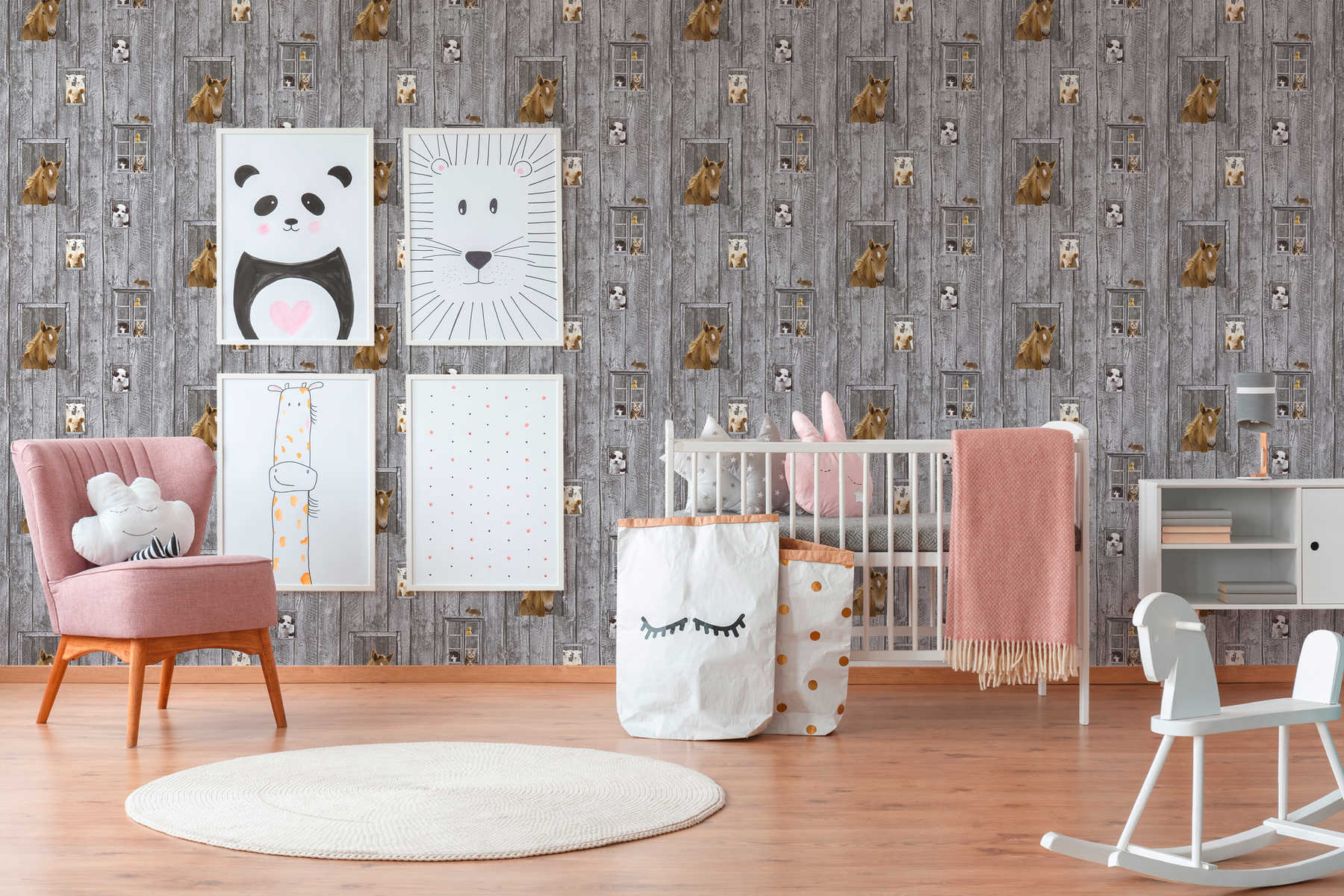             Nursery wallpaper animal babies & wood look - colourful, grey
        