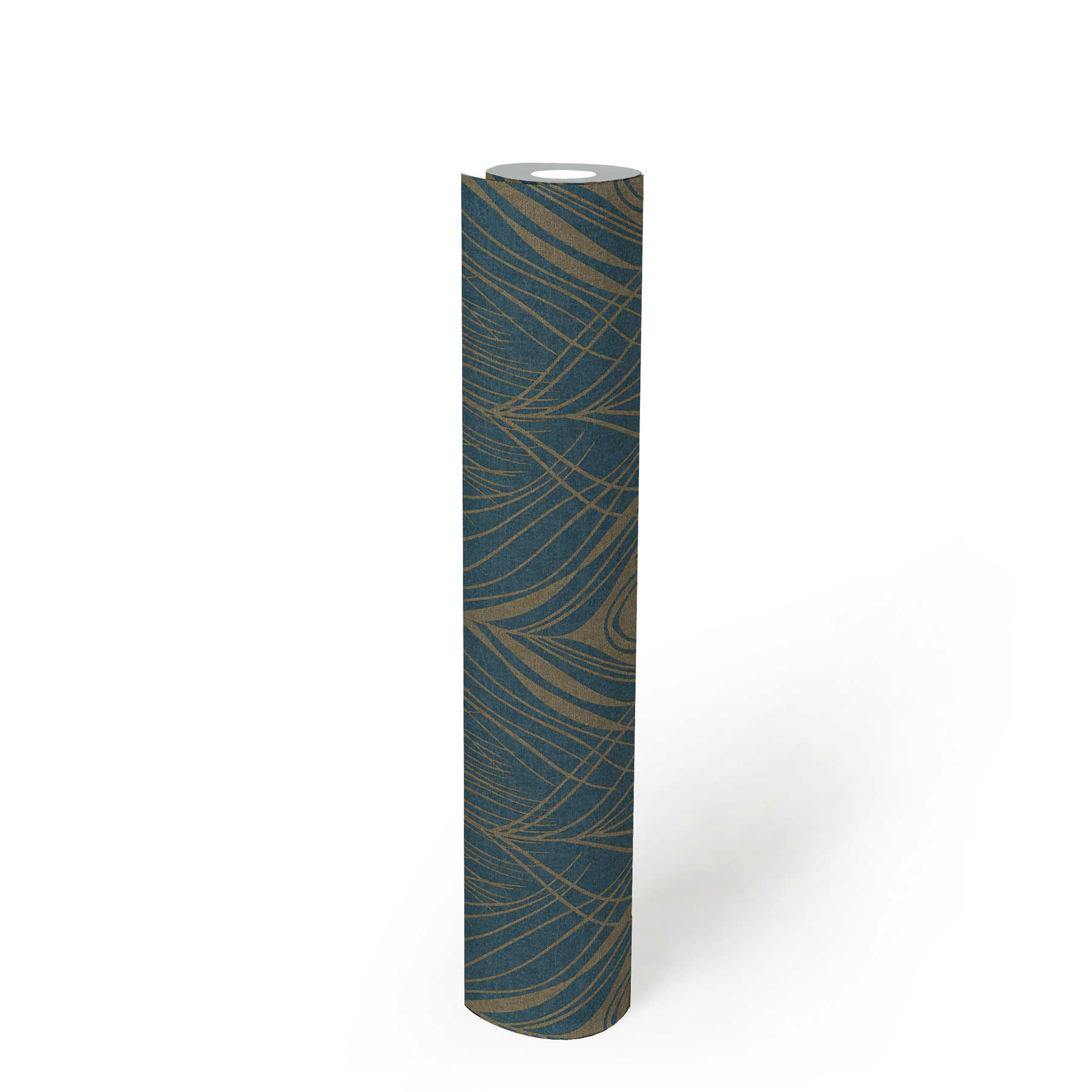             Non-woven wallpaper with peacock feathers, metallic look - blue, gold, yellow
        