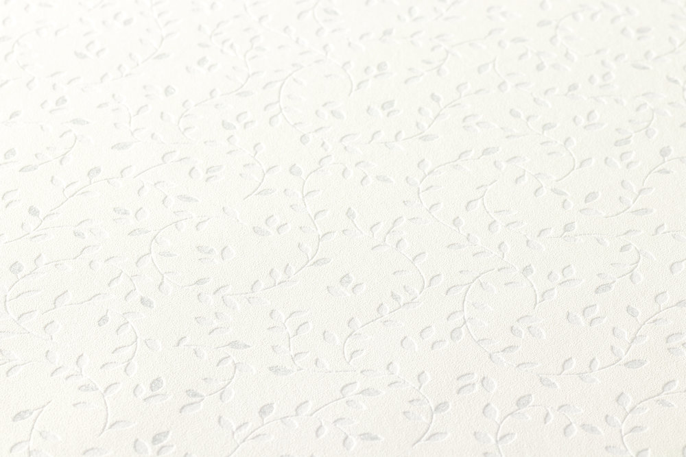             Wallpaper filigree leaves motif, textured - metallic, white
        