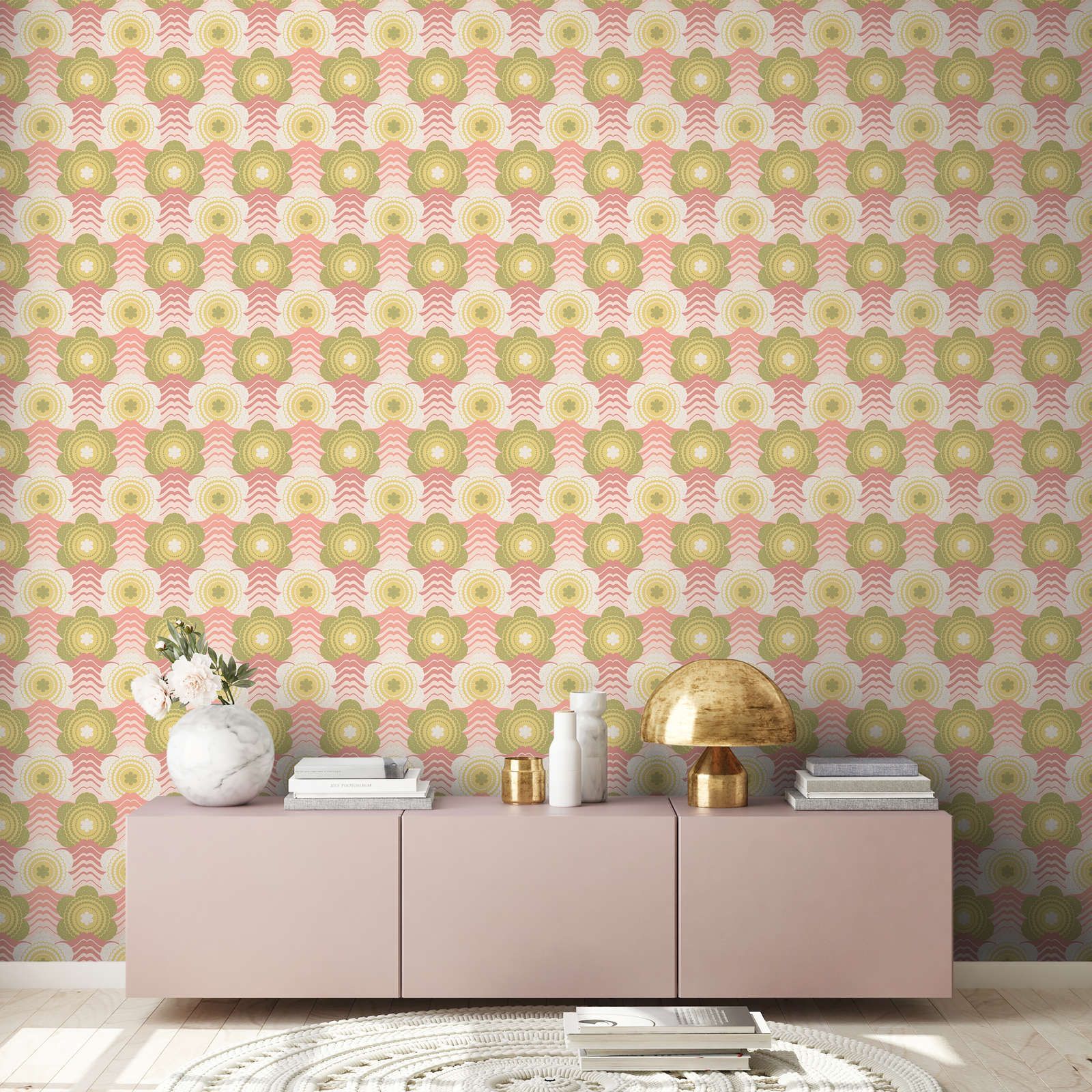            Retro style waves and flowers pattern on lightly textured wallpaper - pink, green, cream
        
