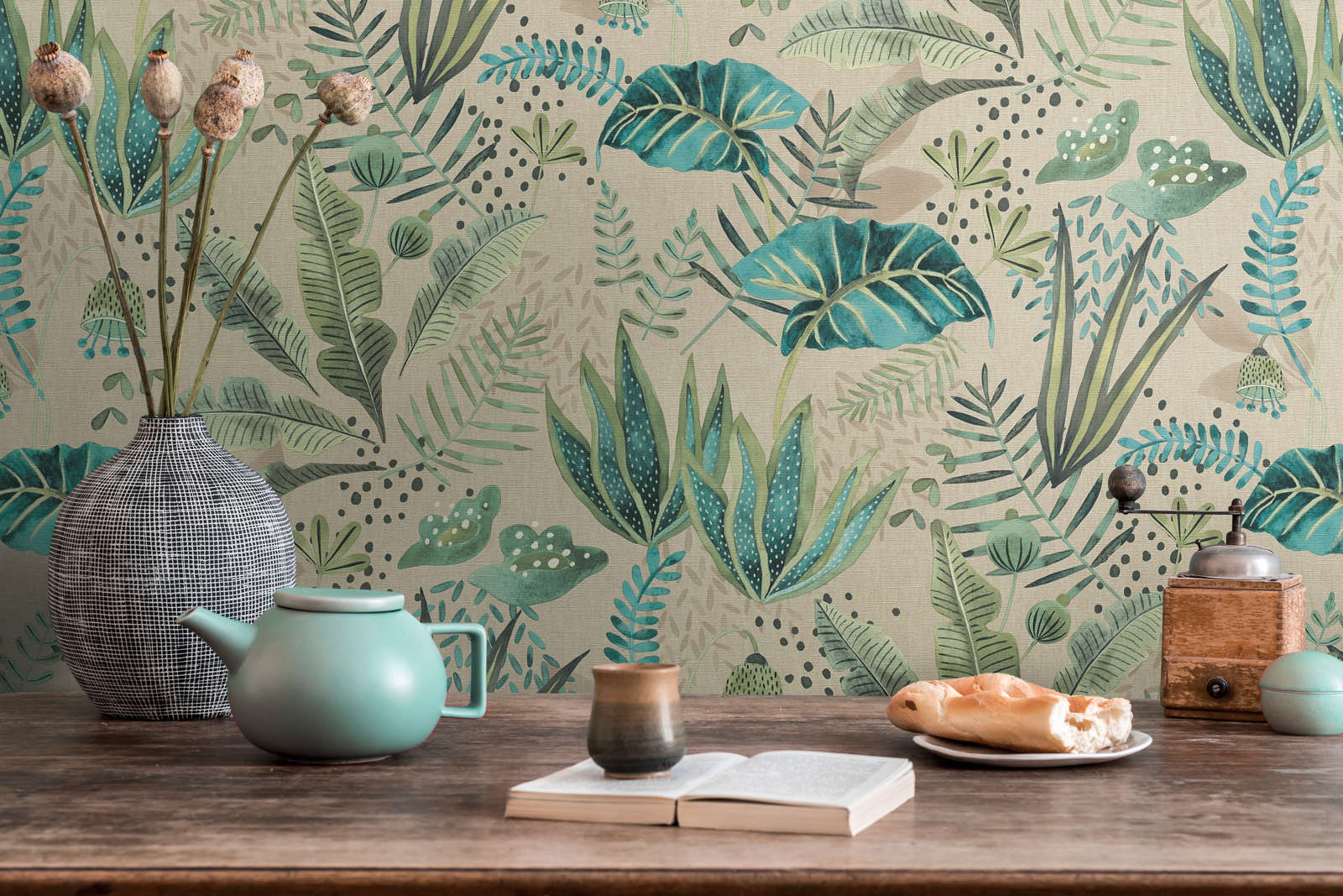             wallpaper floral with mixed leaves light textured, matt - beige, green, blue
        