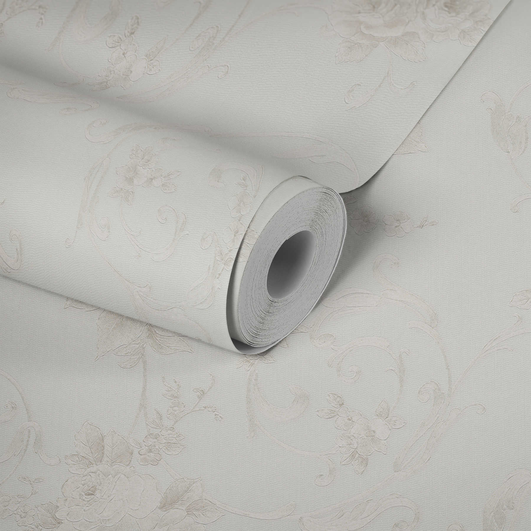             Rose petal wallpaper with metallic effect in country style - grey, bronze, white
        
