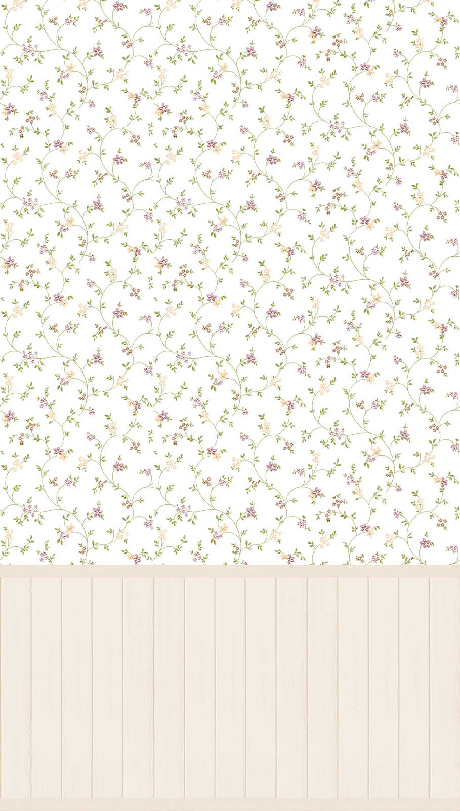             papier peint en papier intissé à motifs avec bordure de socle imitation bois et motif floral - beige, blanc, rose, vert
        