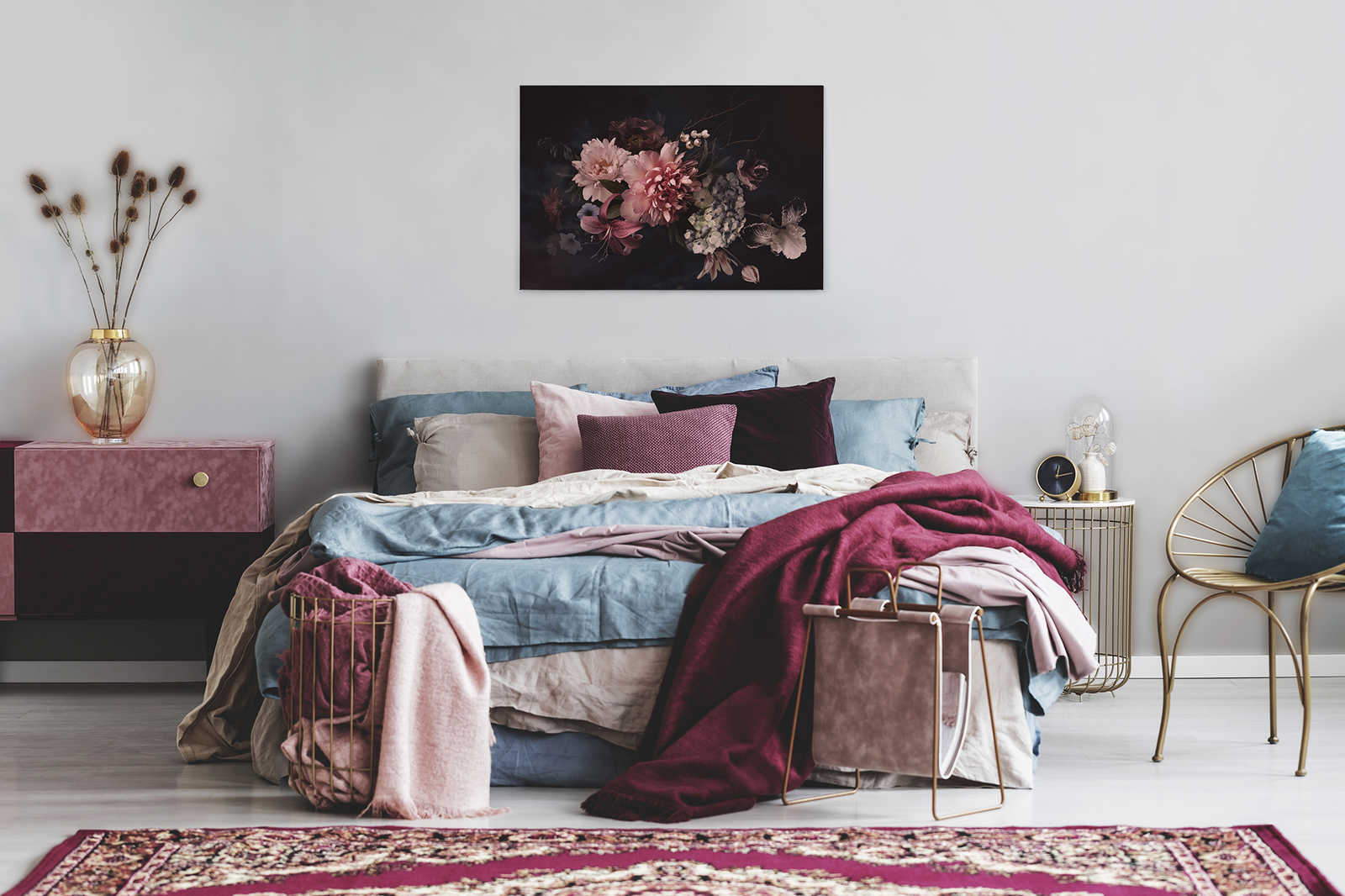             Toile avec bouquet de fleurs style botanique | rose, noir - 0,90 m x 0,60 m
        