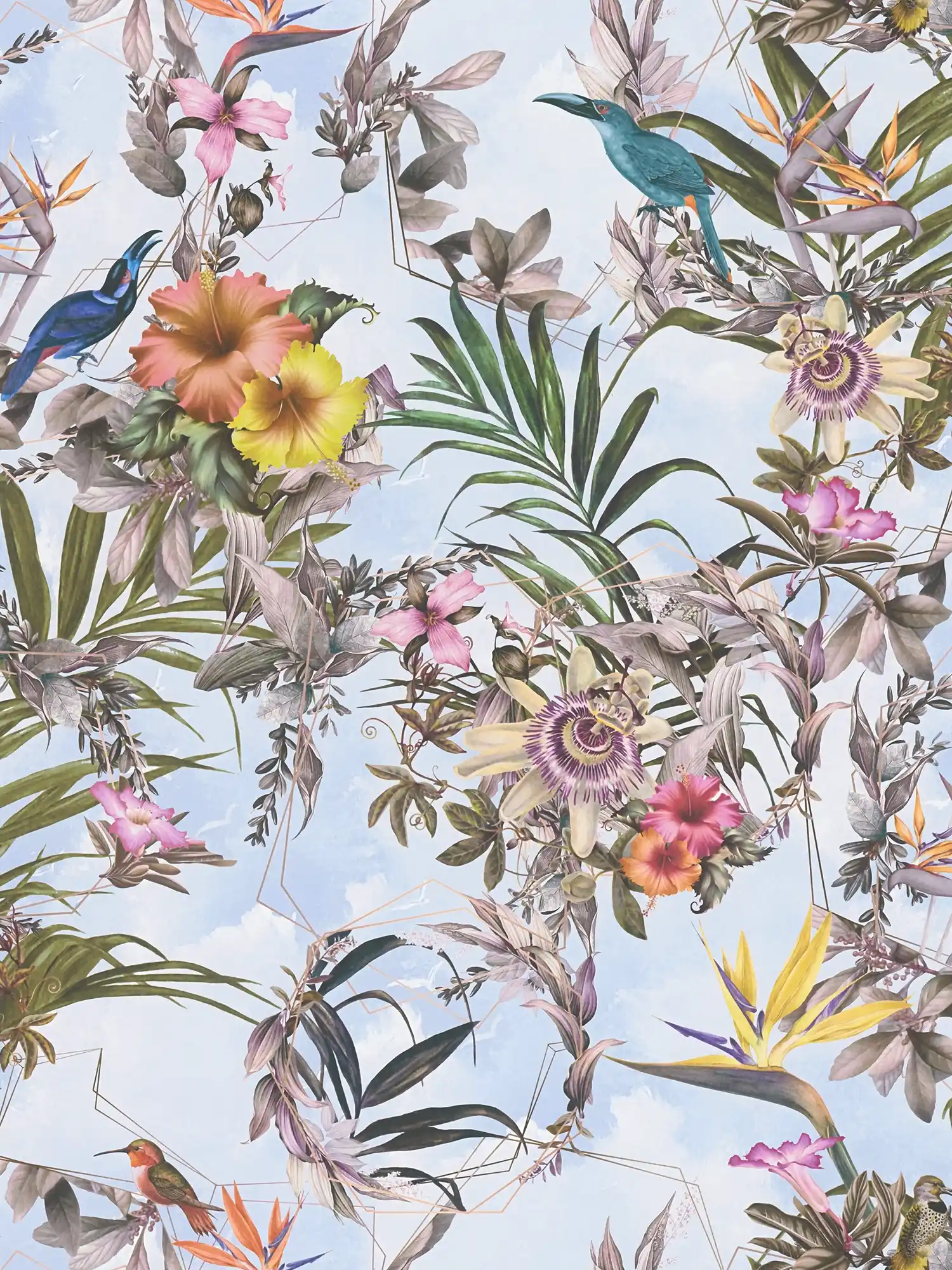 Floral wallpaper with birds & tropical look - colourful, blue, green
