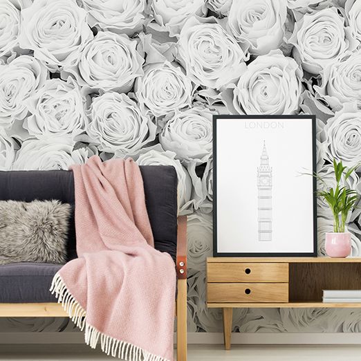 Living room photo wallpaper white roses, photorealistic flowers DD115093