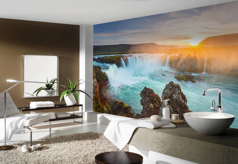             Nature mural waterfalls with sunset on matt smooth non-woven
        
