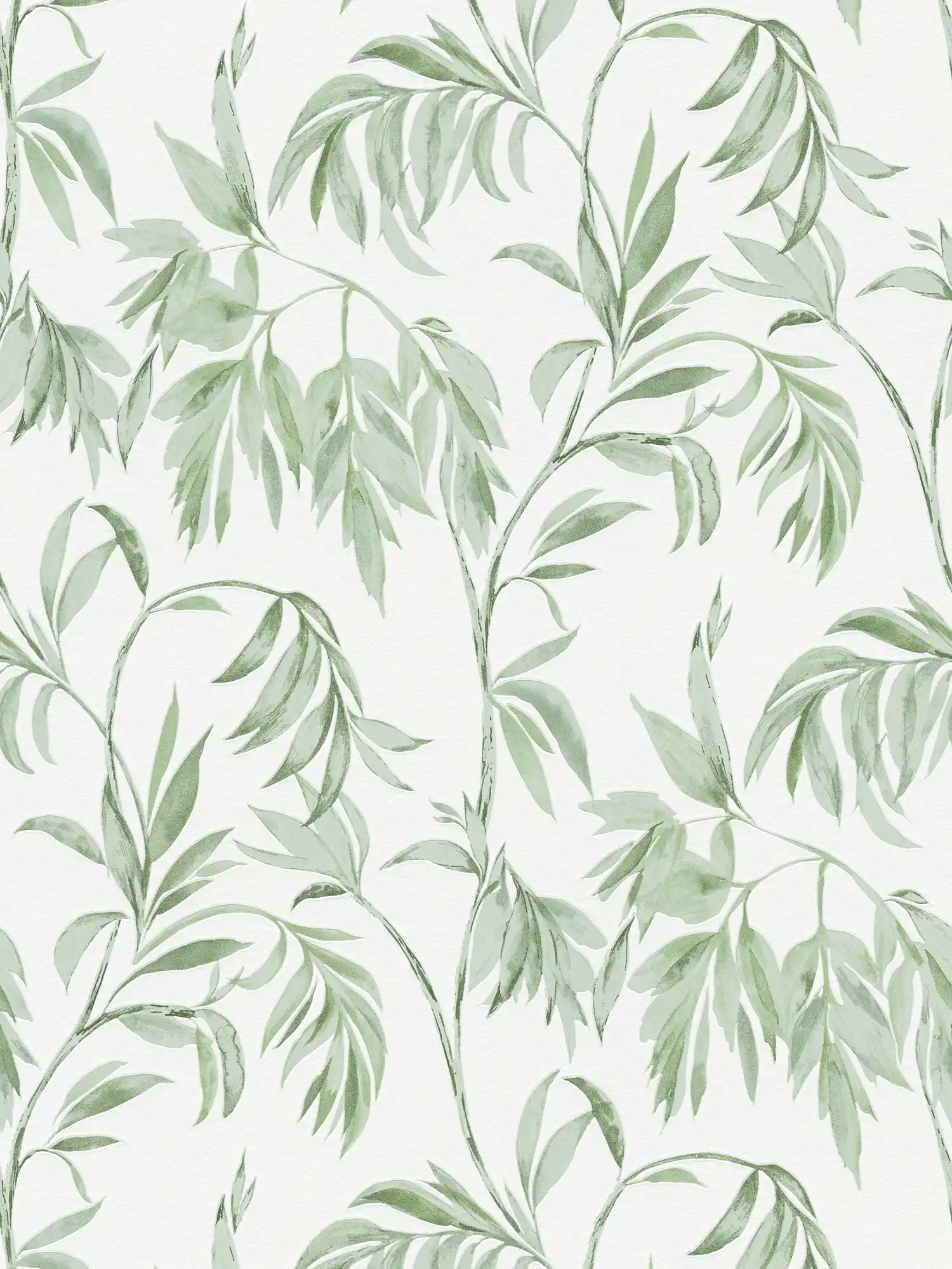 Watercolour style leafy vines wallpaper - green, white
