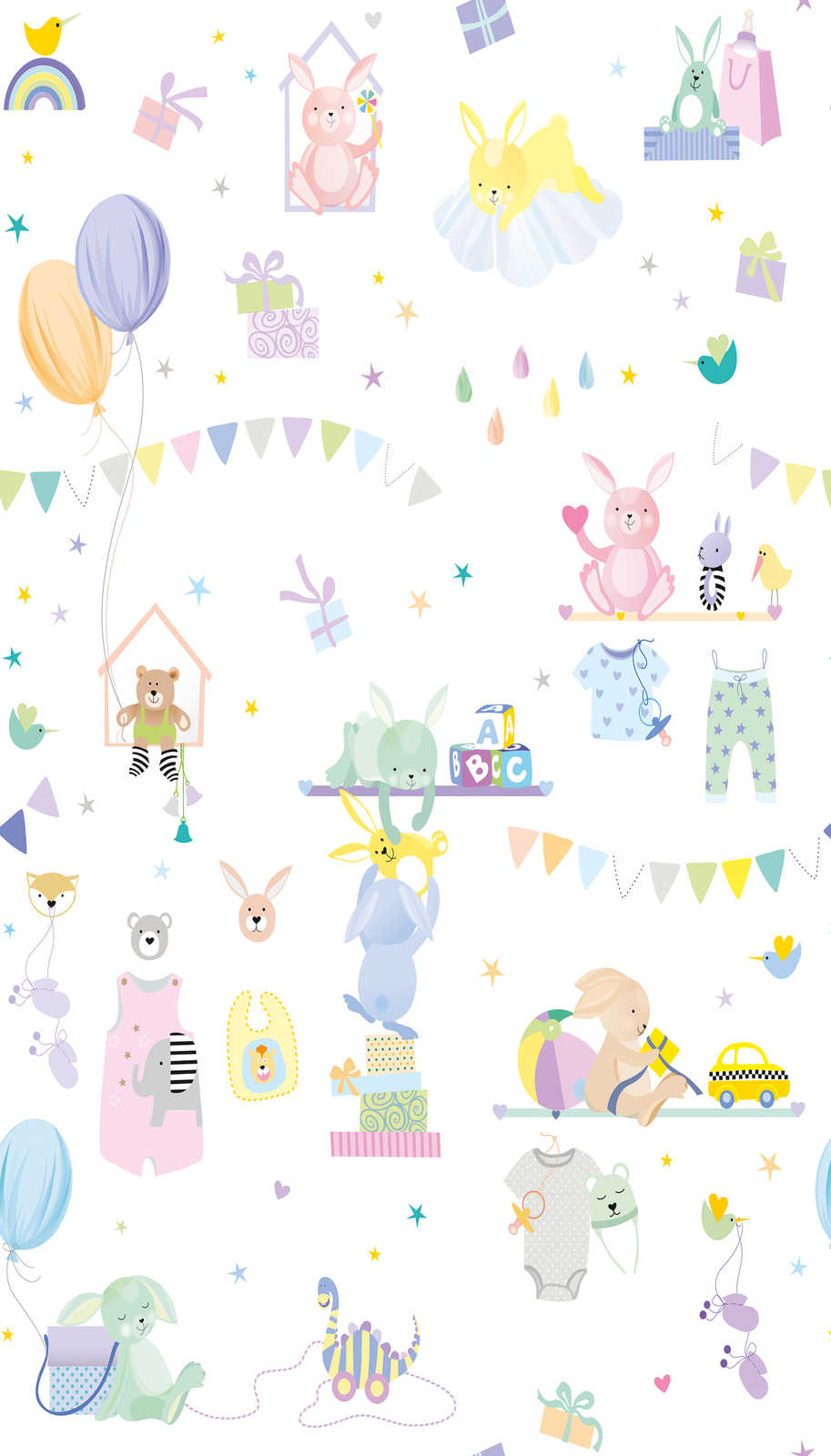             Children's motif wallpaper with animals in pastel colours - colourful, purple, pink
        
