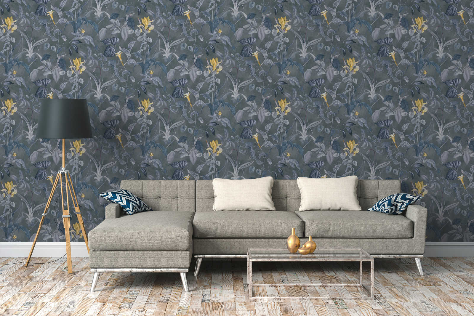             Papier peint fleurs tropicales gris-bleu, design by MICHALSKY
        