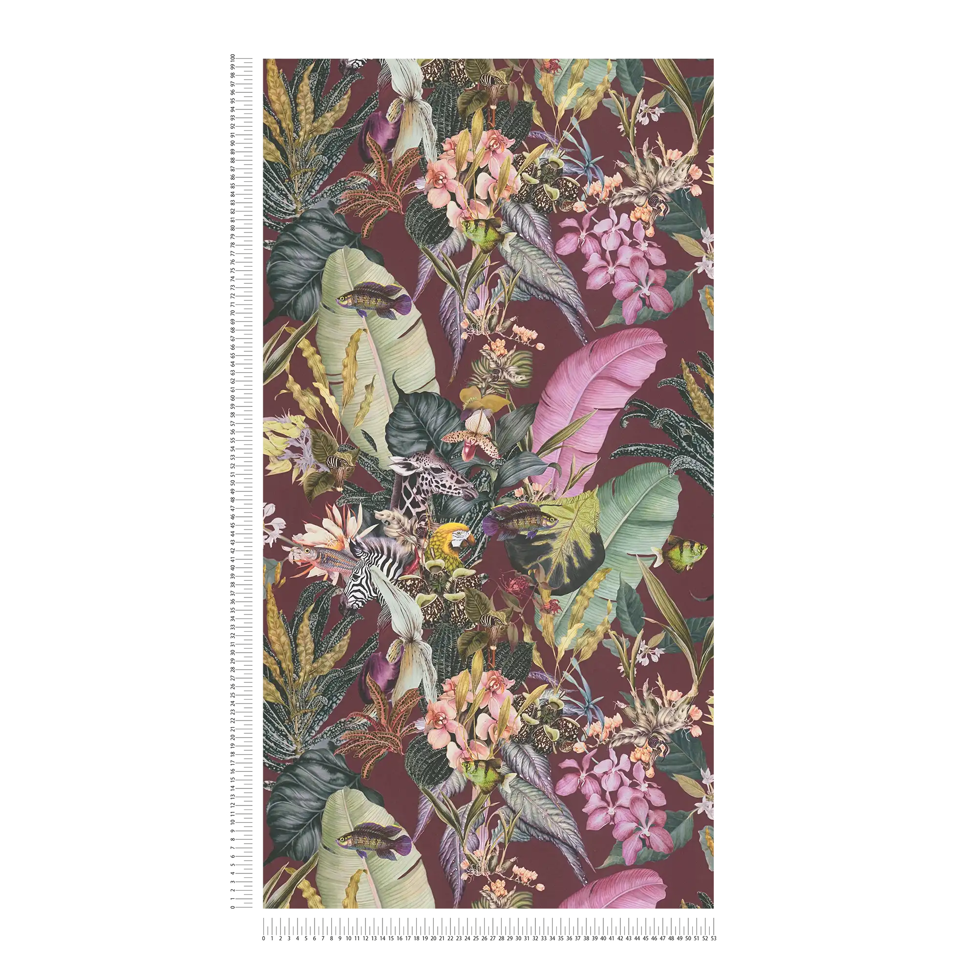             Jungle wallpaper flowers & animals - green, dark red
        