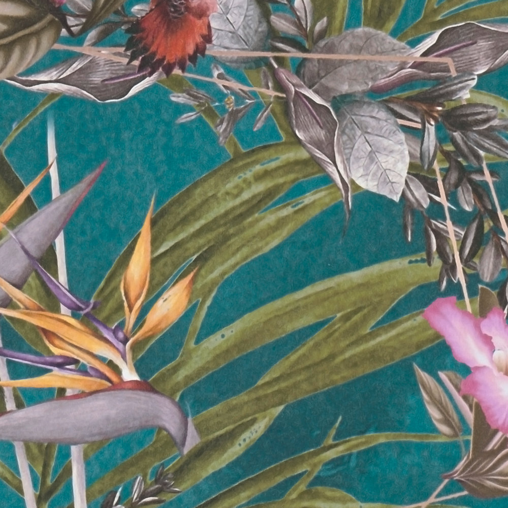             Papel pintado selva flores y pájaros tropicales - turquesa, verde, multicolor
        