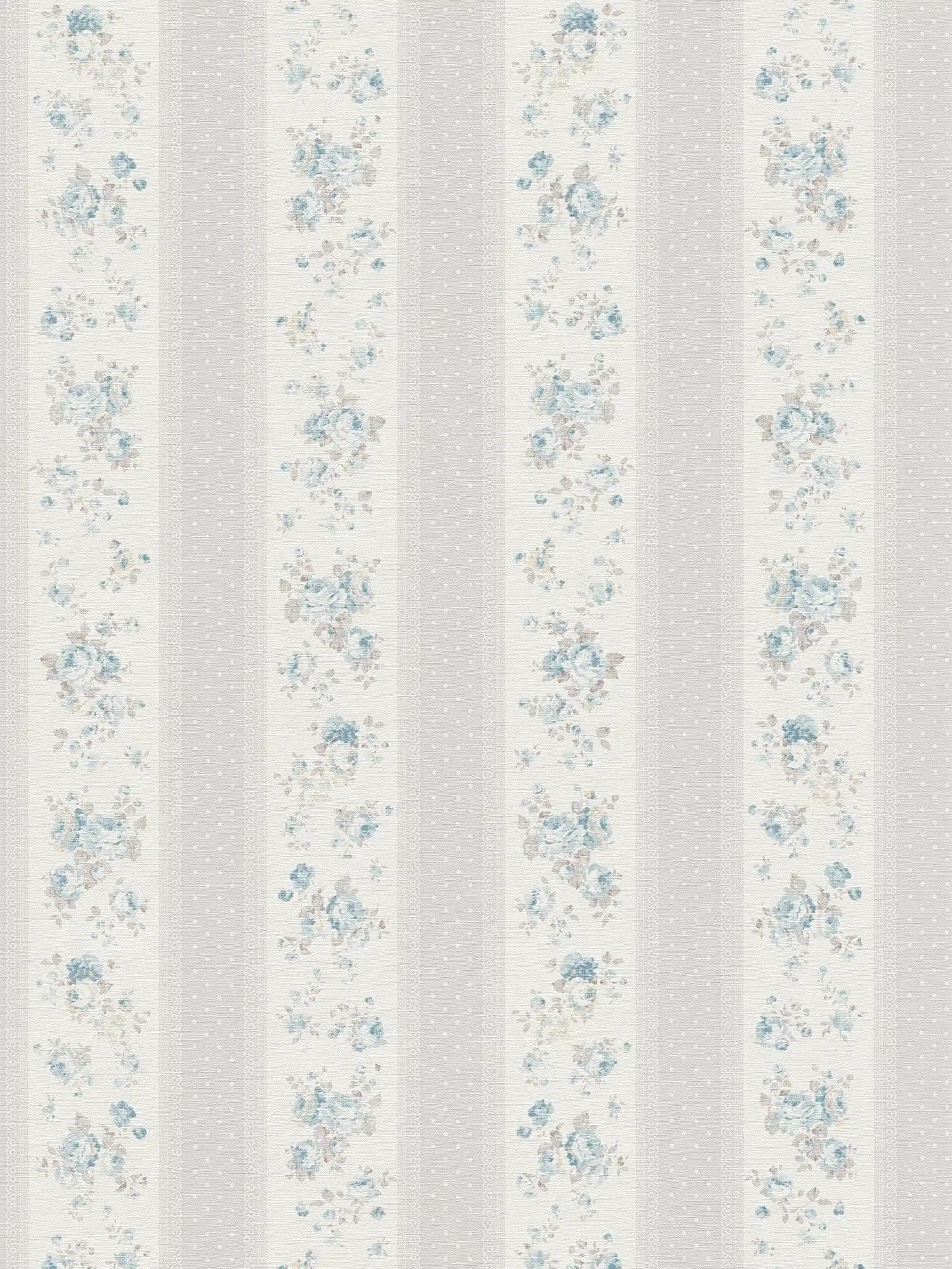 Non-woven wallpaper with dotted and floral stripes - grey, white, blue
