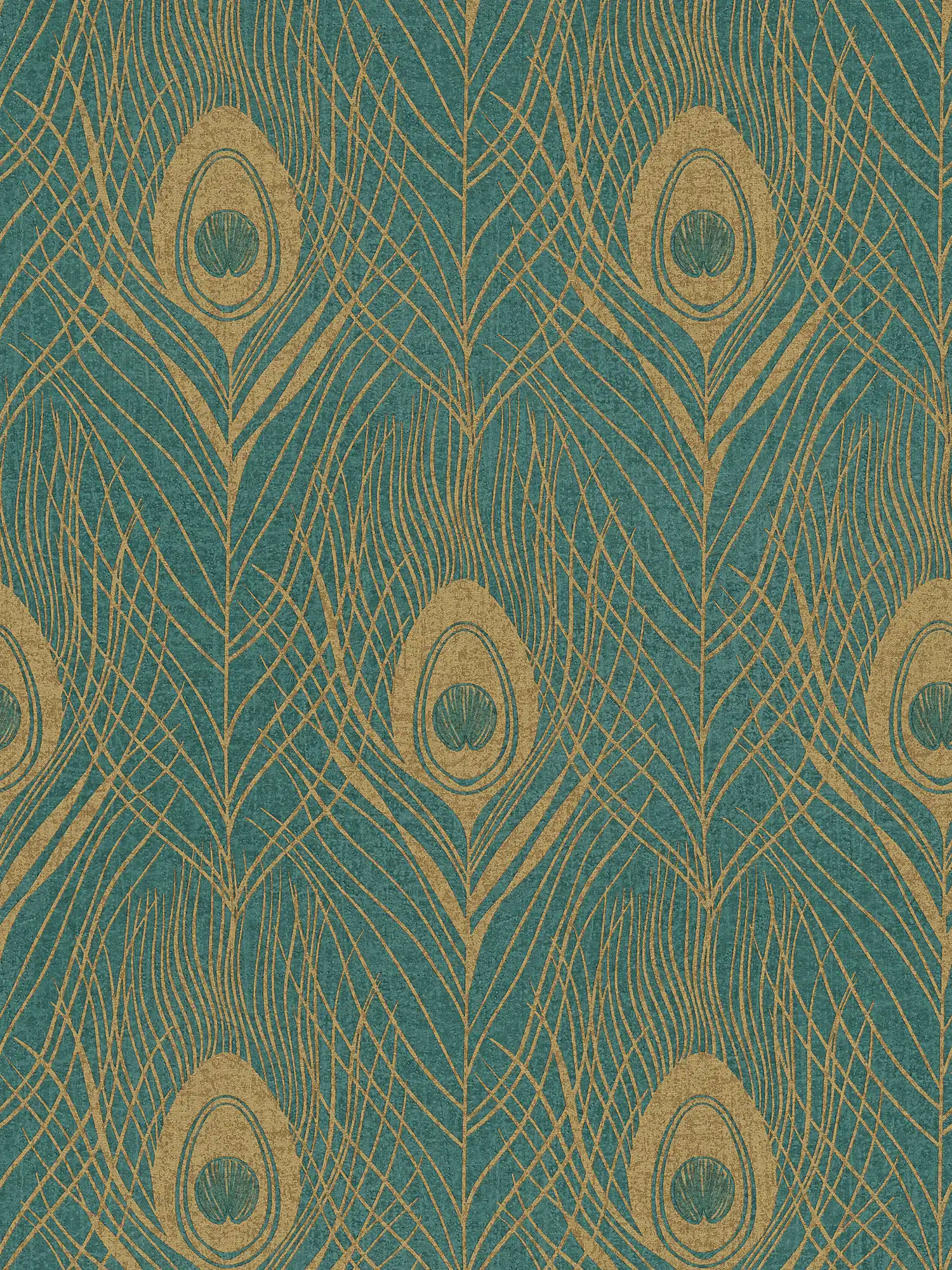 Aquamarine non-woven wallpaper with peacock feathers in metallic look - gold, green, yellow
