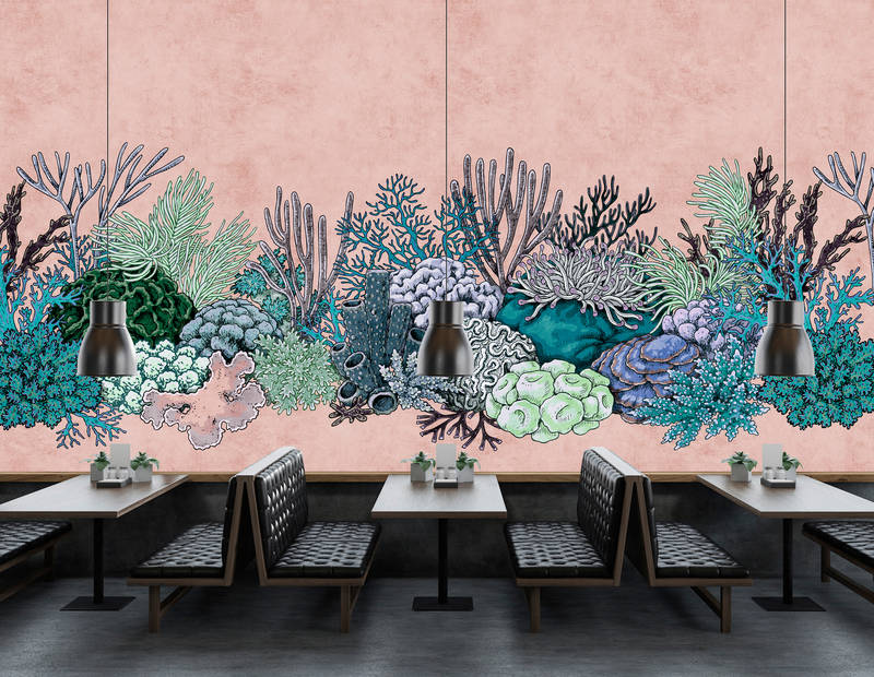            Octopus's Garden 2 - Koraalbehang in vloeipapierstructuur in tekenstijl - Groen, Roze | Premium glad vlies
        