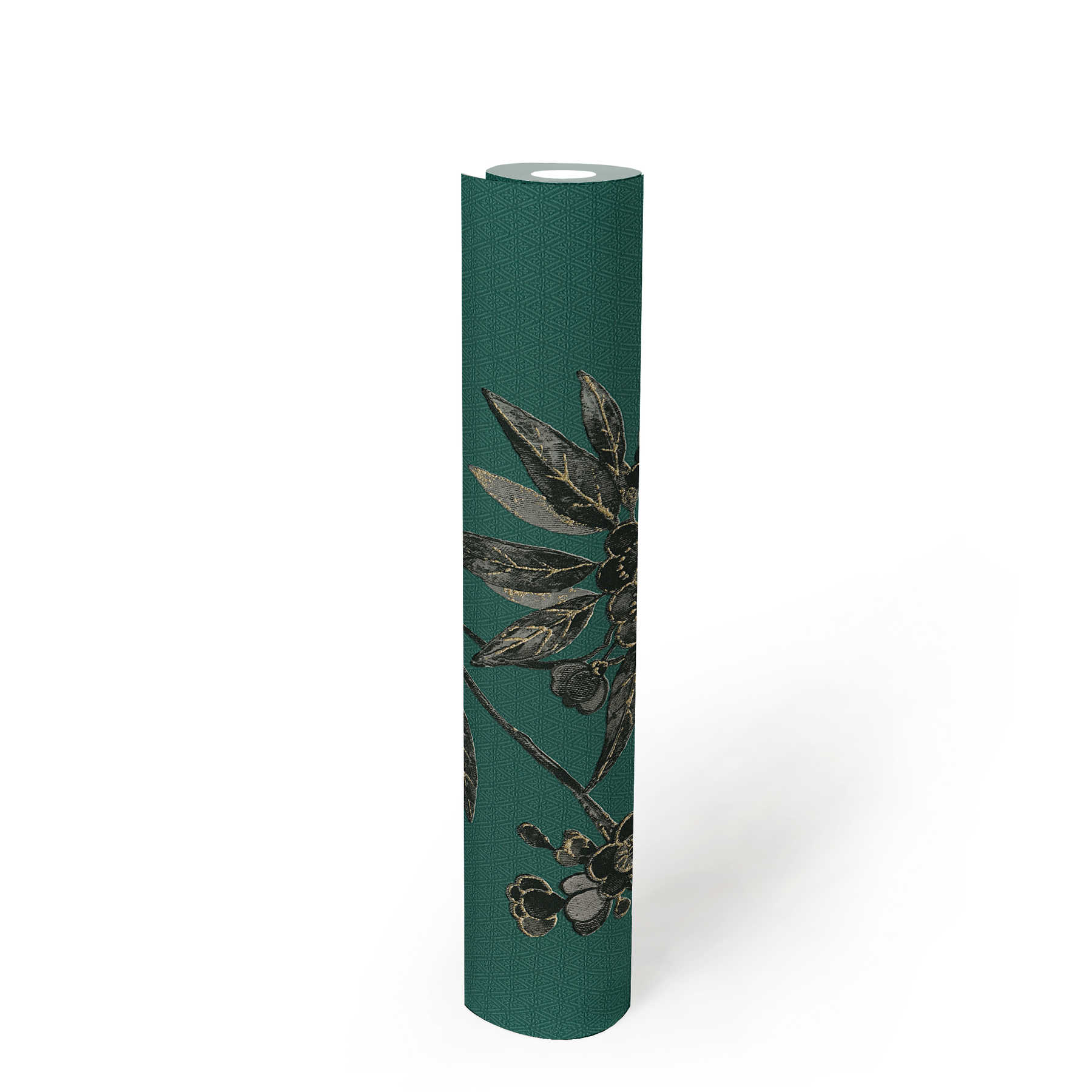             Floral wallpaper with flower tendrils in Asian style - green, black, grey
        