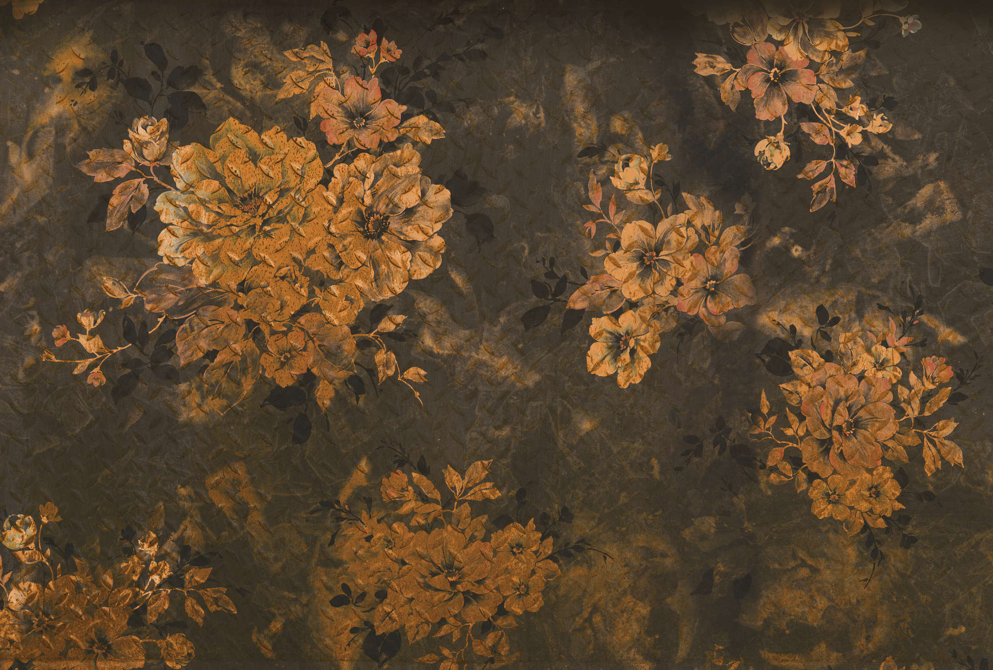             Papier peint panoramique foncé design fleuri format XXL - orange, gris, noir
        