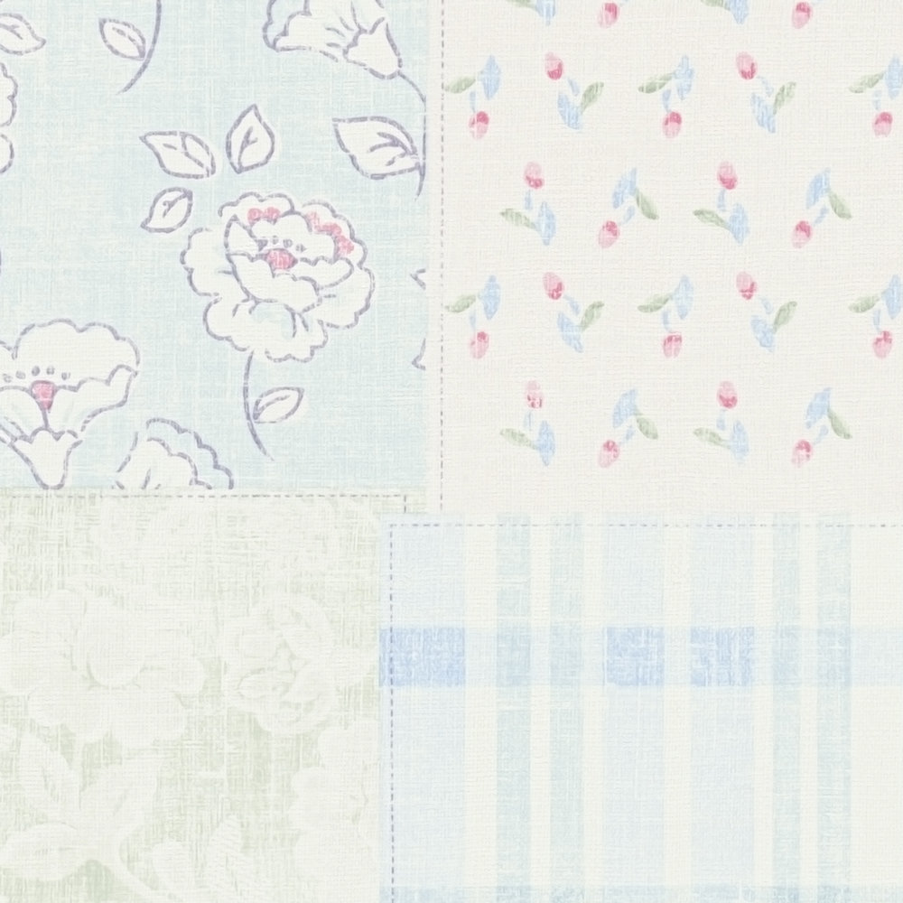             Papel pintado no tejido de estilo rústico floral - azul, rosa, blanco
        