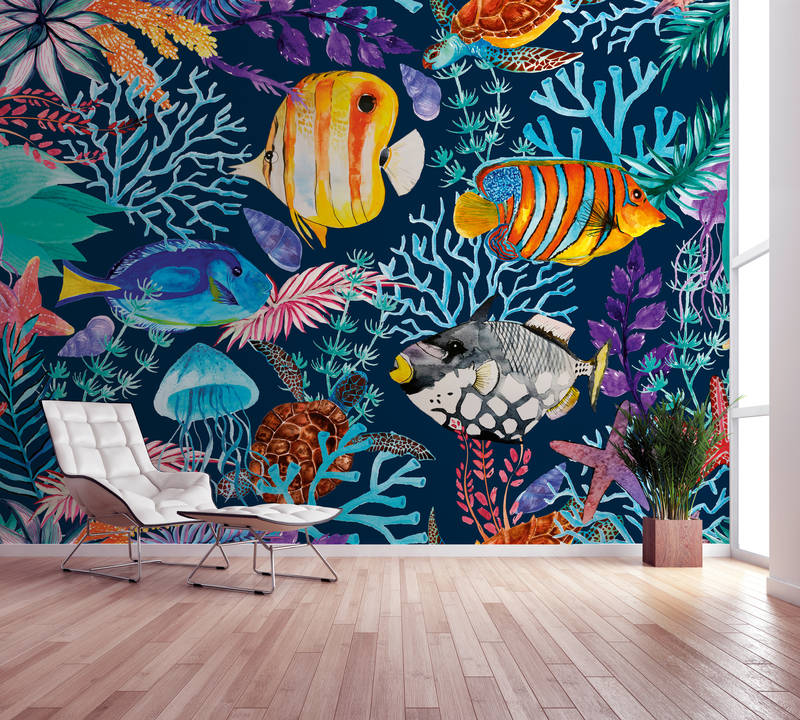             Papel pintado subacuático con peces y estrellas de mar de colores
        