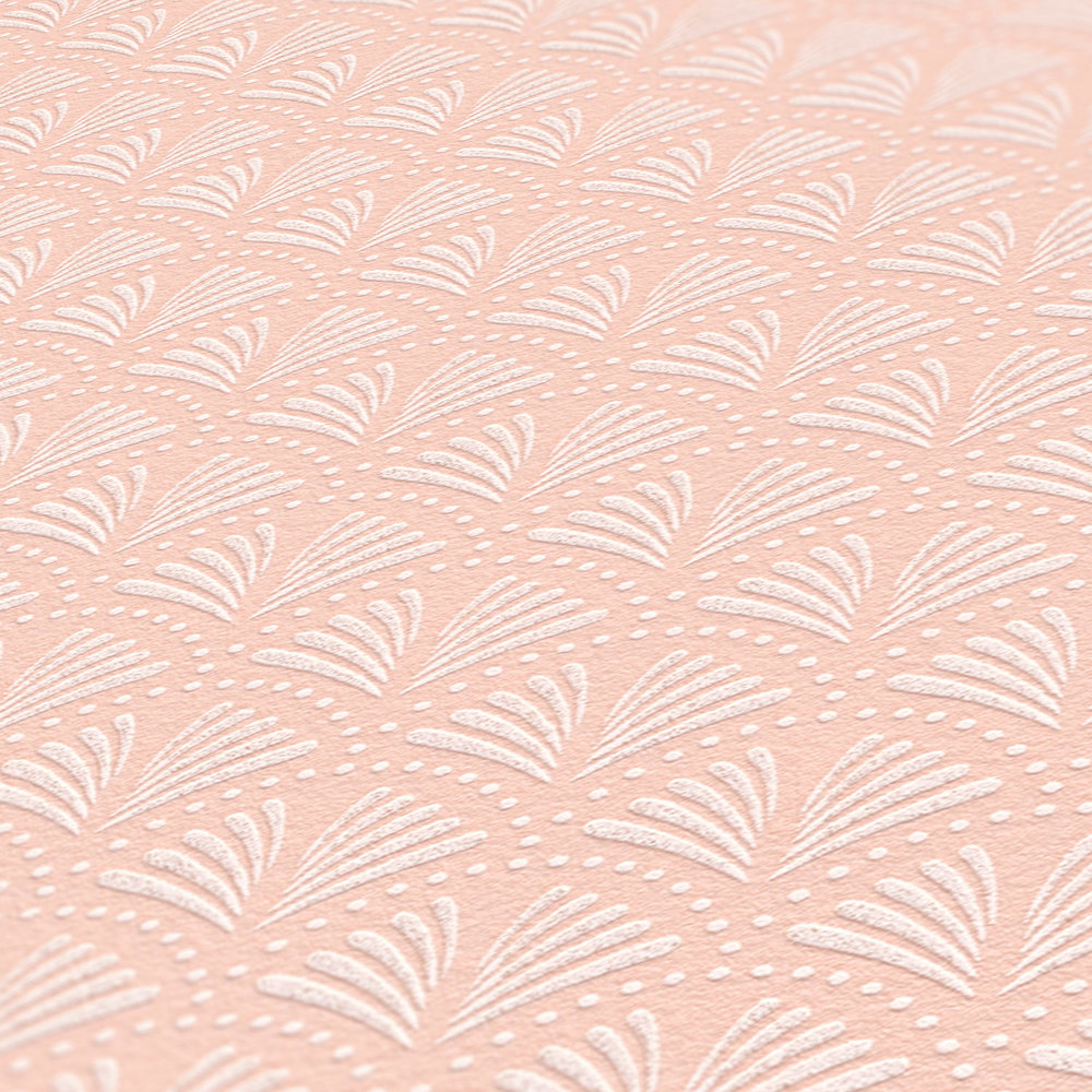             Papier peint rose scintillant avec design d'éventail dans le style rétro - métallique, rose, blanc
        