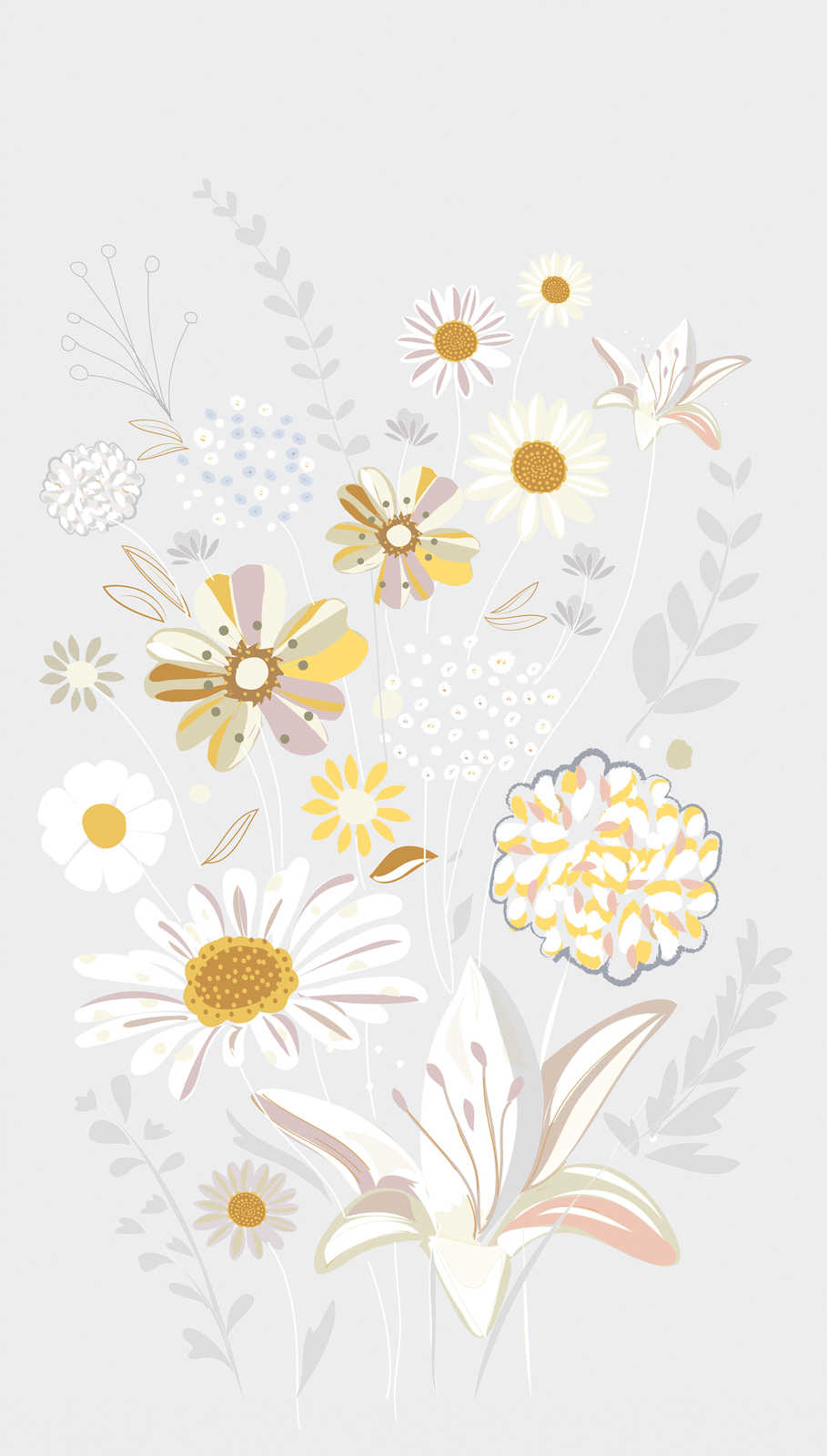             Bloemrijkpatroon behang met grassen in lichte kleuren - grijs, geel, beige
        