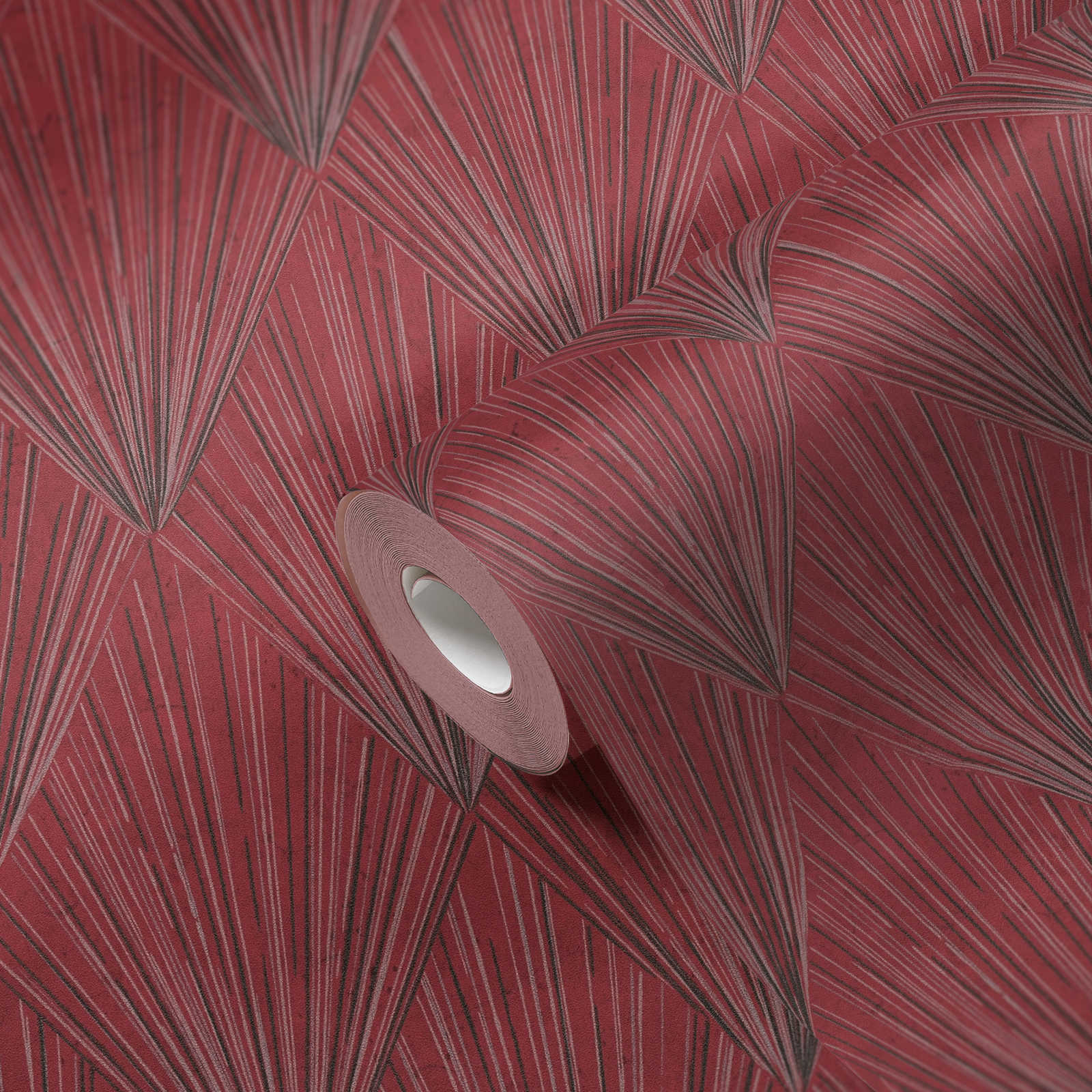             Wallpaper with modern art deco pattern & metallic effect - metallic, red, black
        