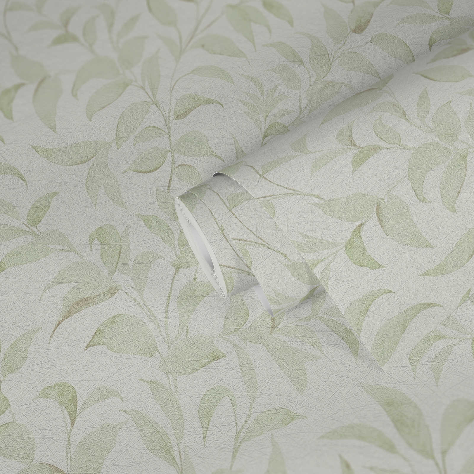             Leaves wallpaper floral shimmer textured - white, green
        