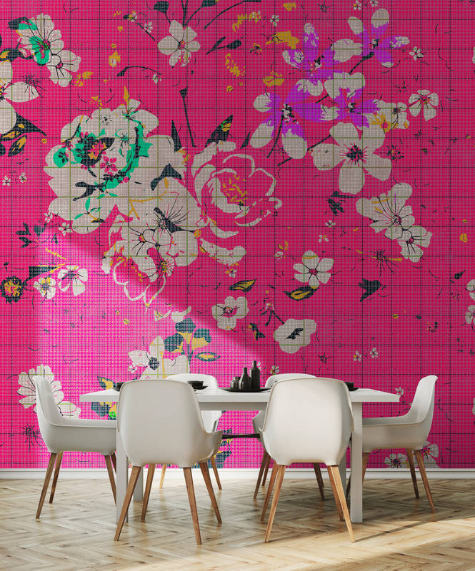             Flower plaid 2 - papier peint à carreaux mosaïque de fleurs colorées rose - vert, rose | Premium intissé lisse
        