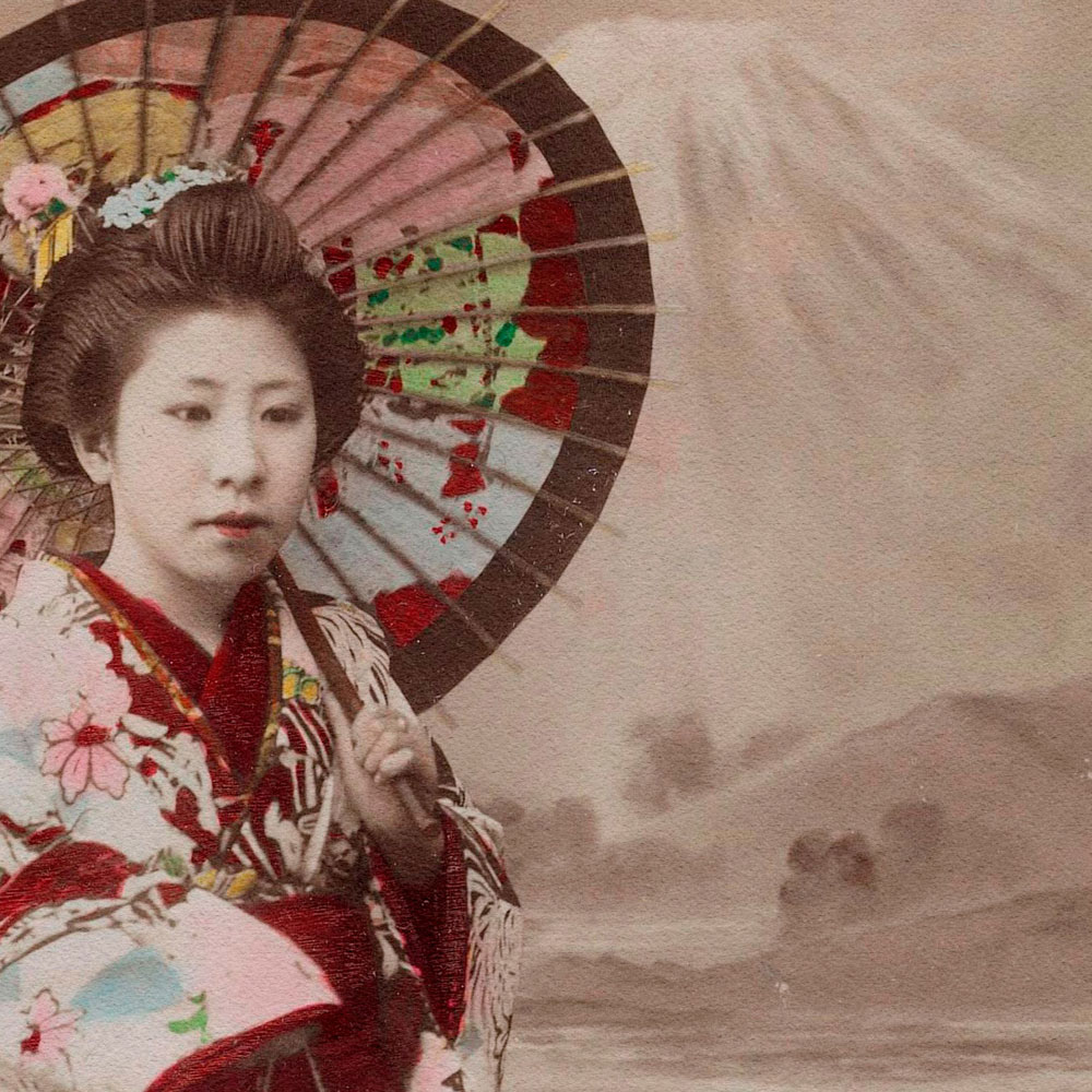             Kyoto 2 - Geisha muurschildering sepia portret gekleurd
        