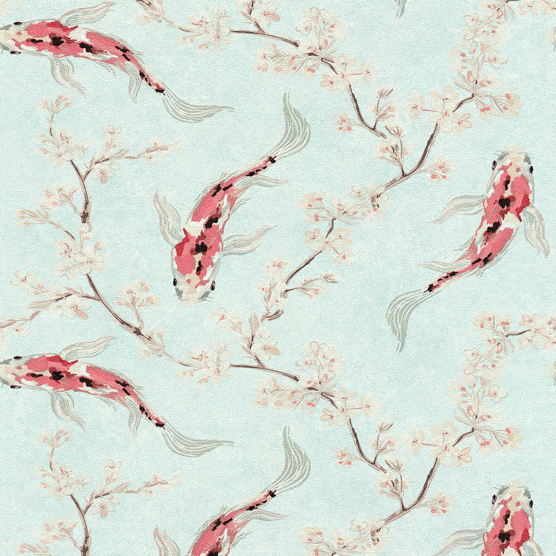         Non-woven wallpaper with koi pattern in Asian style - blue, red, beige
    