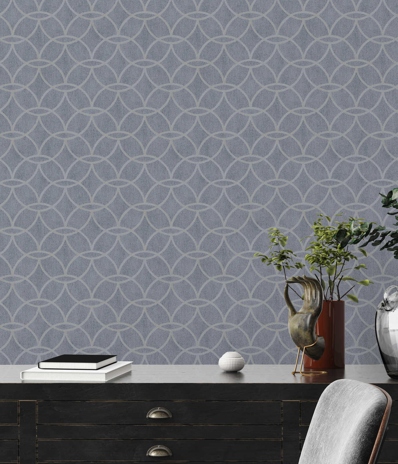             Pattern wallpaper non-woven with geometric design & shimmer effect - blue, grey
        