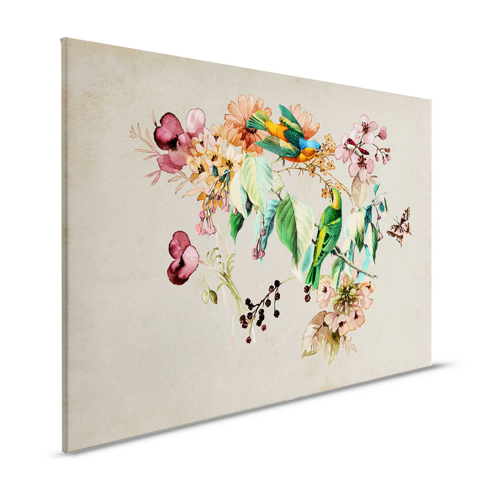 Love Nest 1 - Tableau toile avec fleurs aquarelles & oiseaux colorés - 1,20 m x 0,80 m
