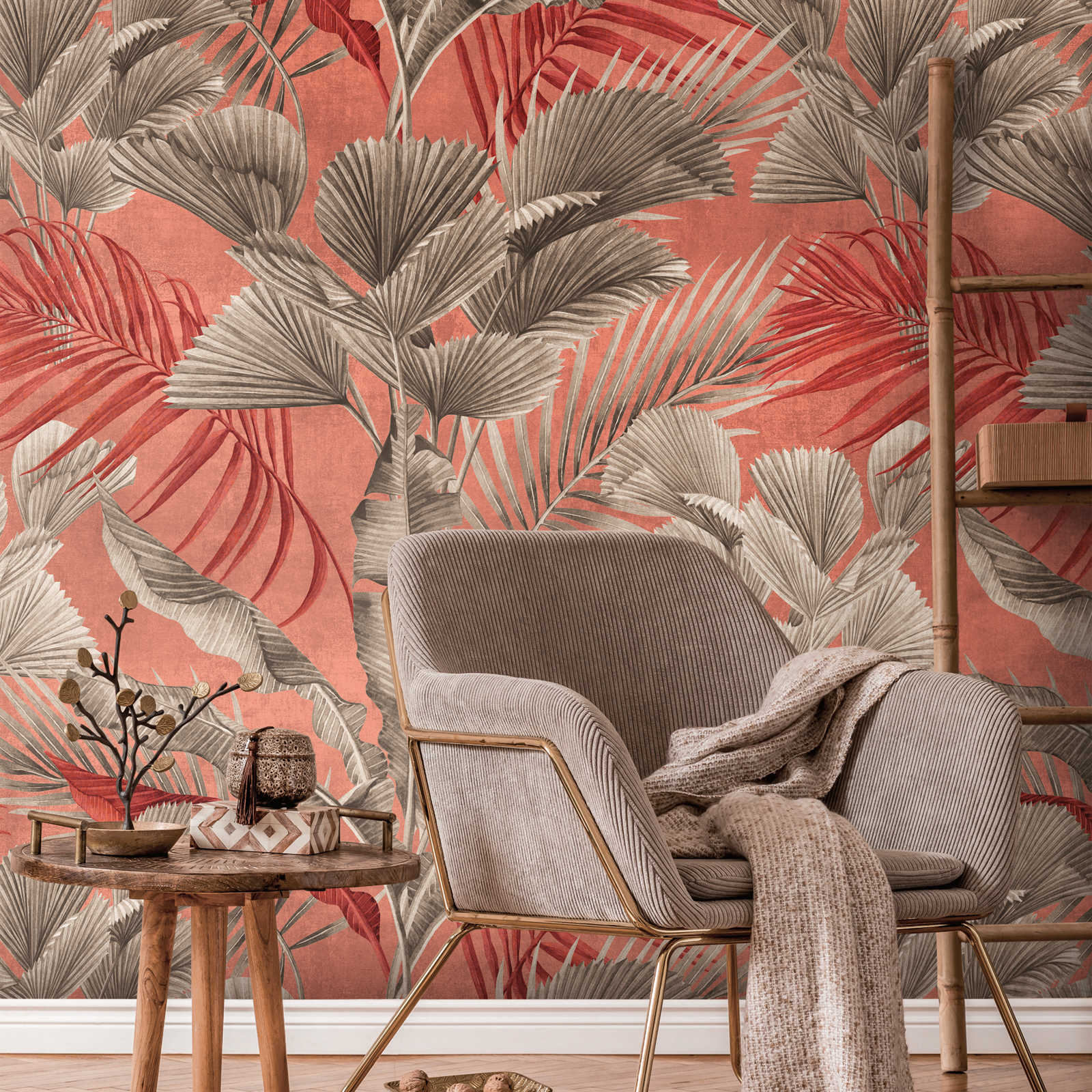 Papier peint jungle avec plantes tropicales - rose, rouge, gris
