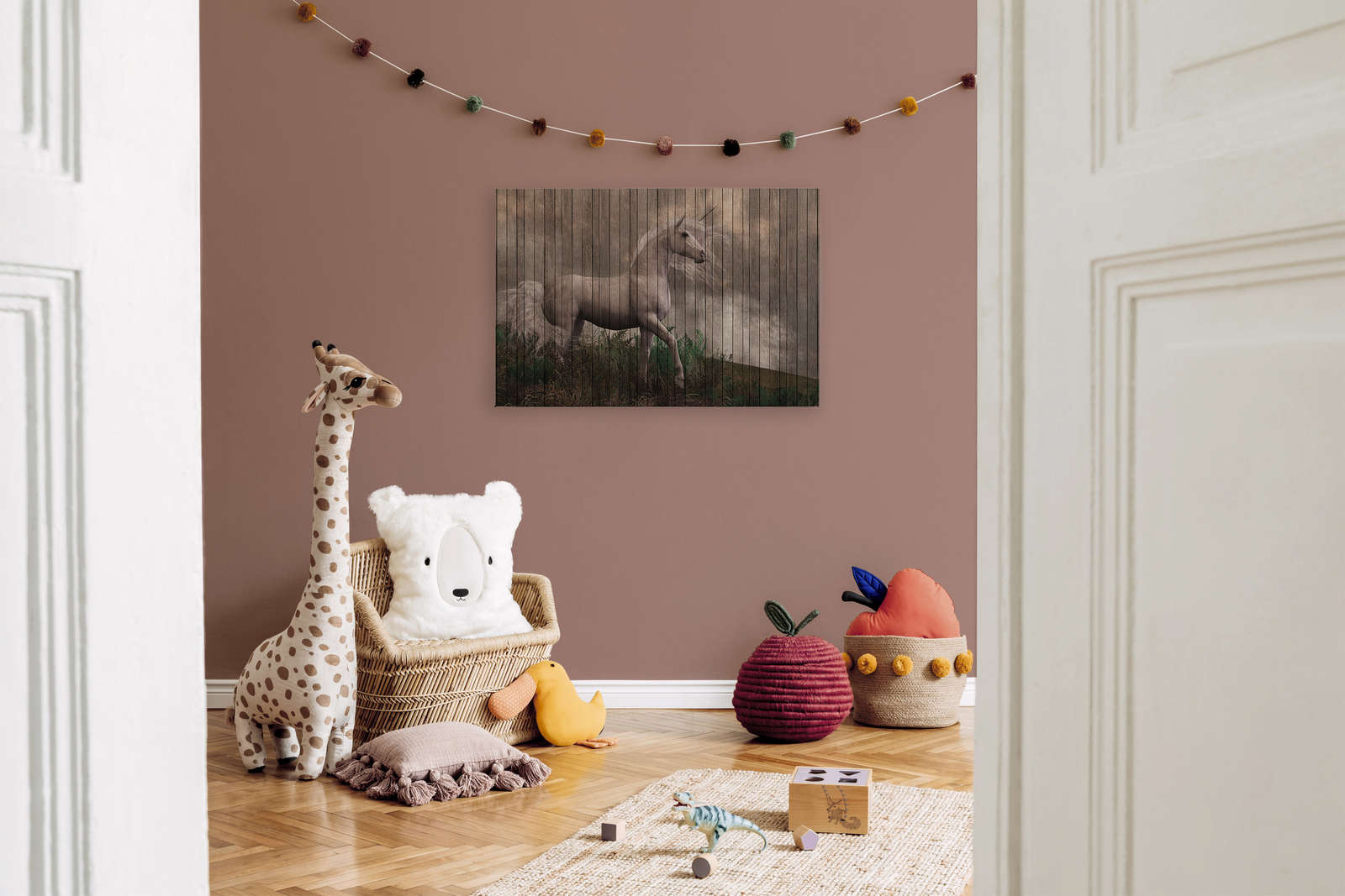             Fantasy 3 - Unicorn canvas picture with wooden board look - 0.90 m x 0.60 m
        