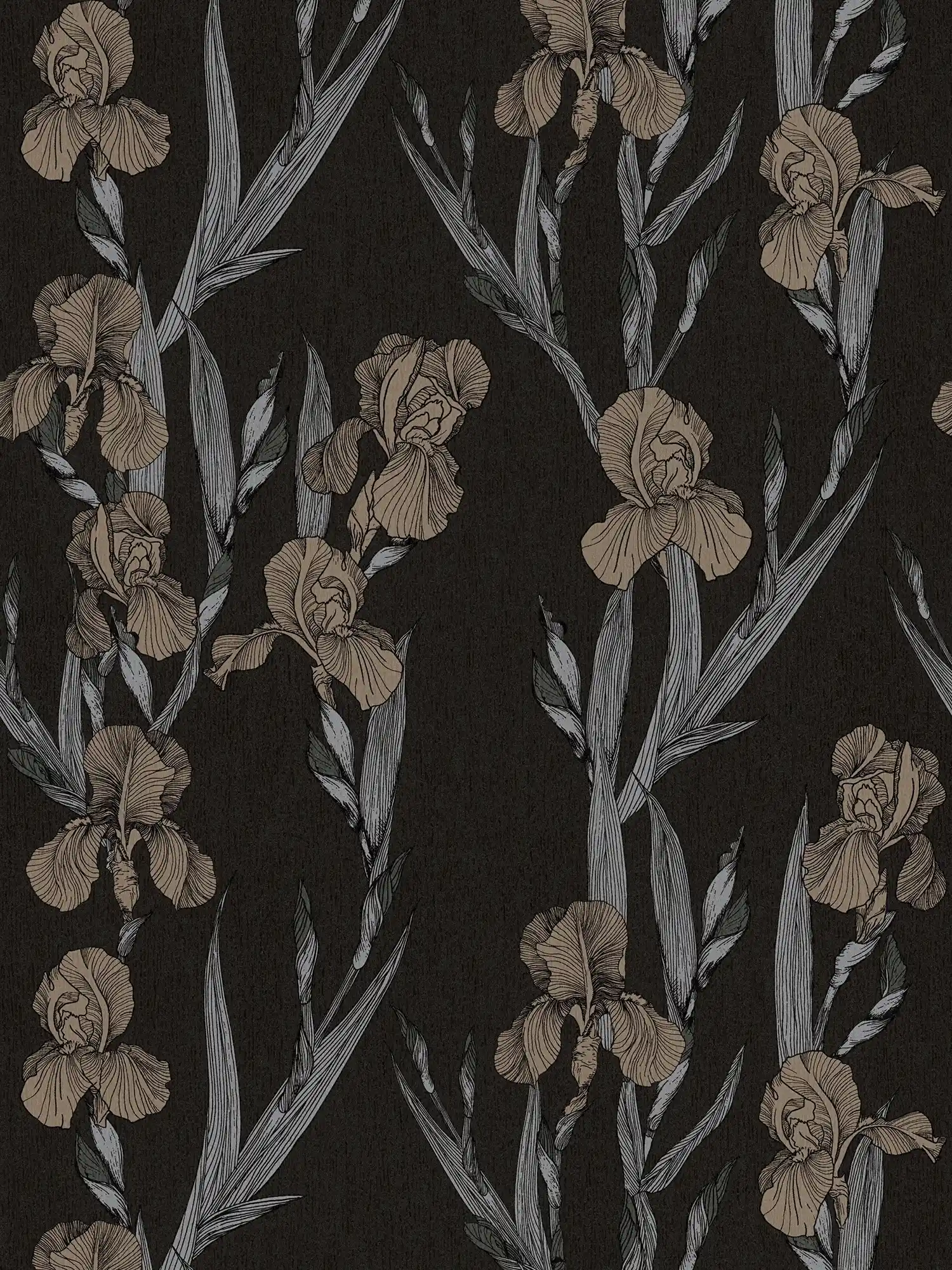 Papel pintado con motivos florales en estilo de dibujo - negro, gris, marrón
