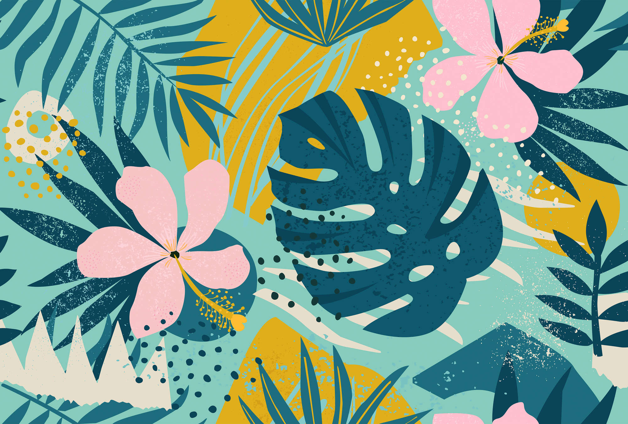            Jungle Print Papier peint Hawaï avec feuilles & fleurs
        