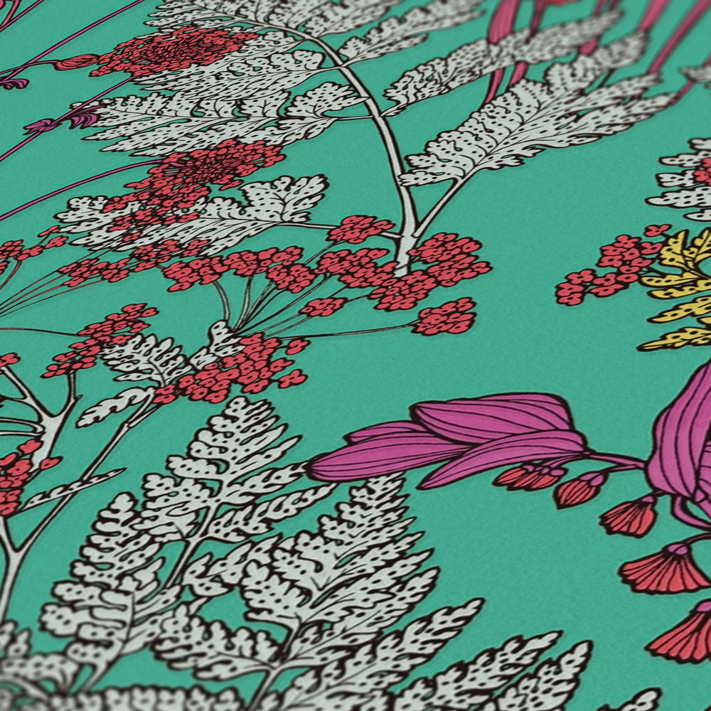            Green non-woven wallpaper colourful leaves pattern in drawing style - green, purple, grey
        