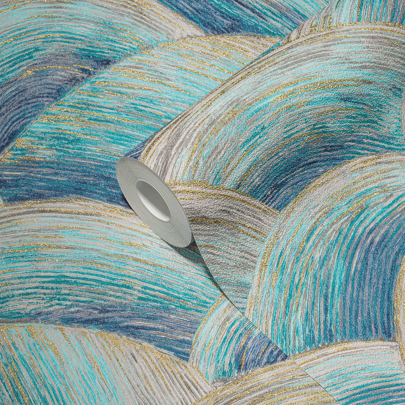             Papel pintado tejido-no tejido abstracto con motivo ondulado y efecto brillante - azul, turquesa, dorado
        