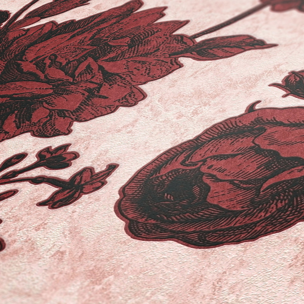             Rozen behang rood-zwart in vintage teken stijl - roze, rood
        