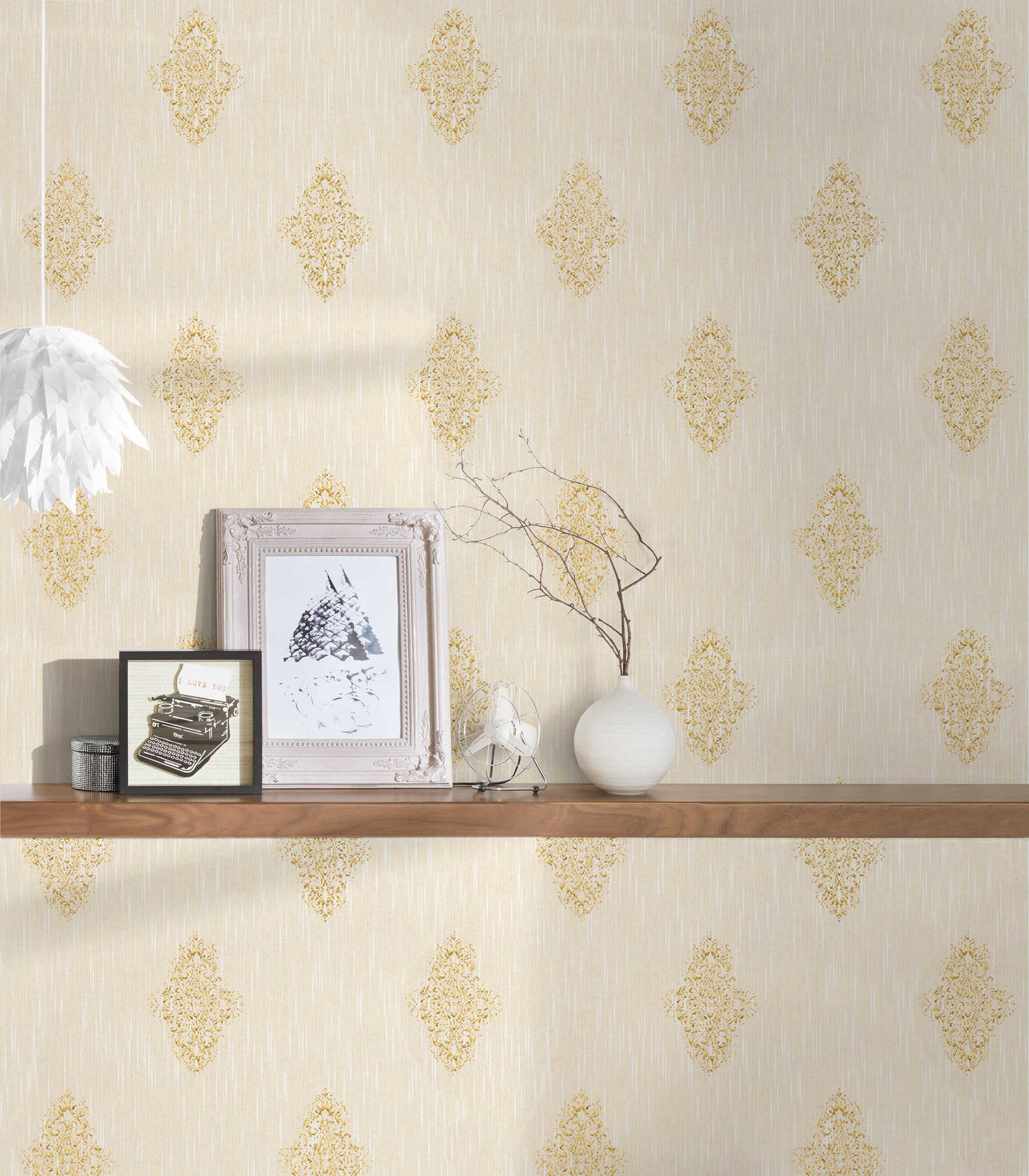             Wallpaper ornament design in used look, metallic effect - cream, gold
        