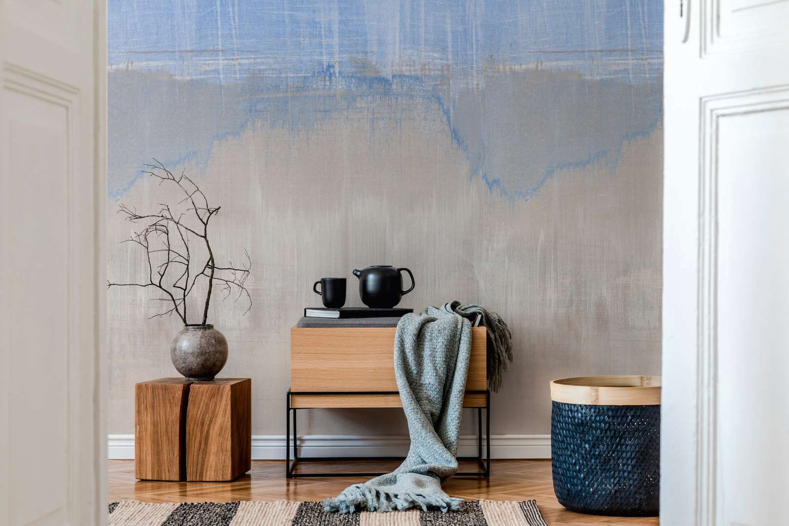             Non-woven wallpaper in watercolour used look - blue, grey
        